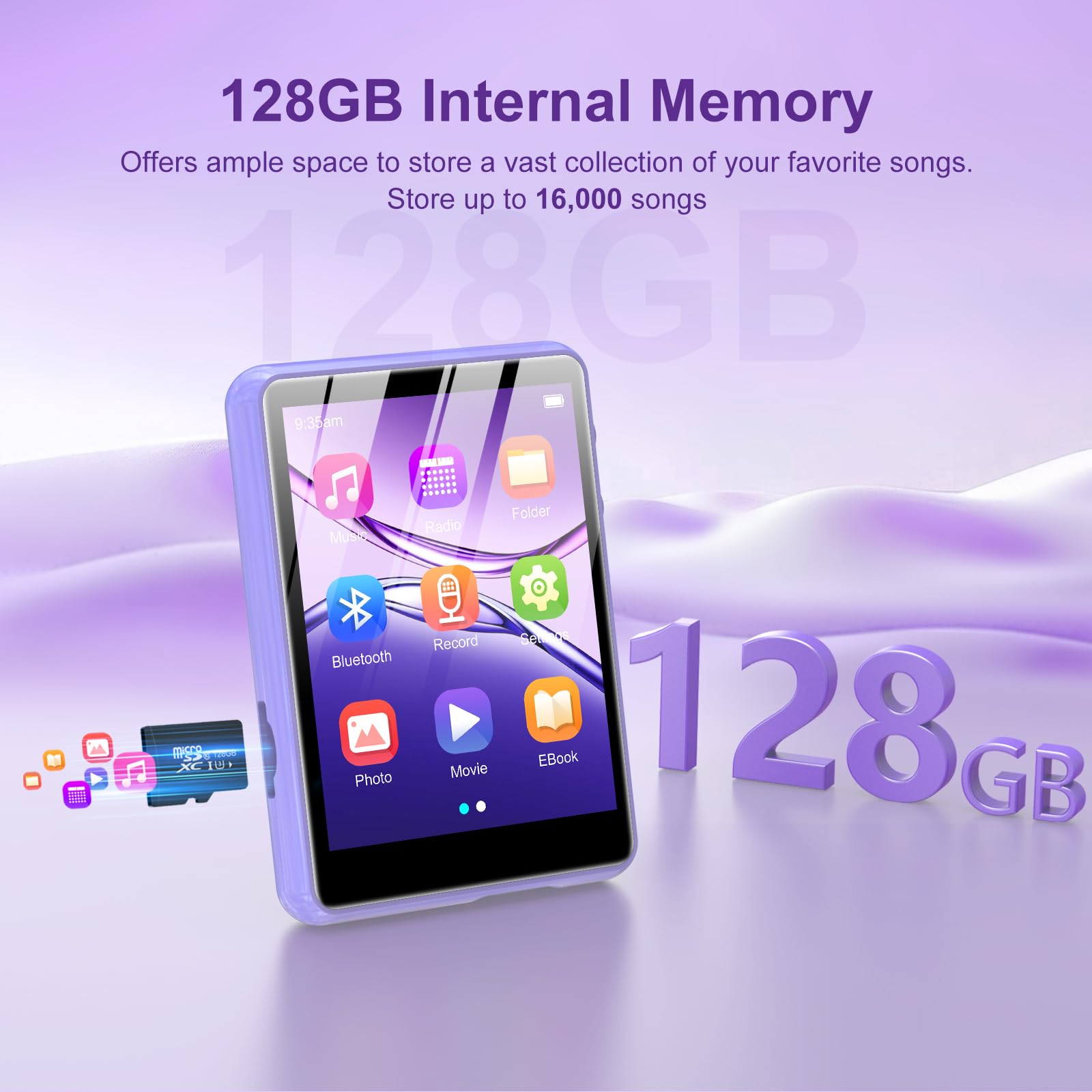 Lecteur MP3 128GB Bluetooth 5.3, ZAQE 2.4" Plein écran Tactile Lecteur MP3 Portable,Haut-parleurs Haute définition intégrés, Radio FM, Enregistrement, entrée Ligne, Son HiFi, jusqu'à 512GB, Violet