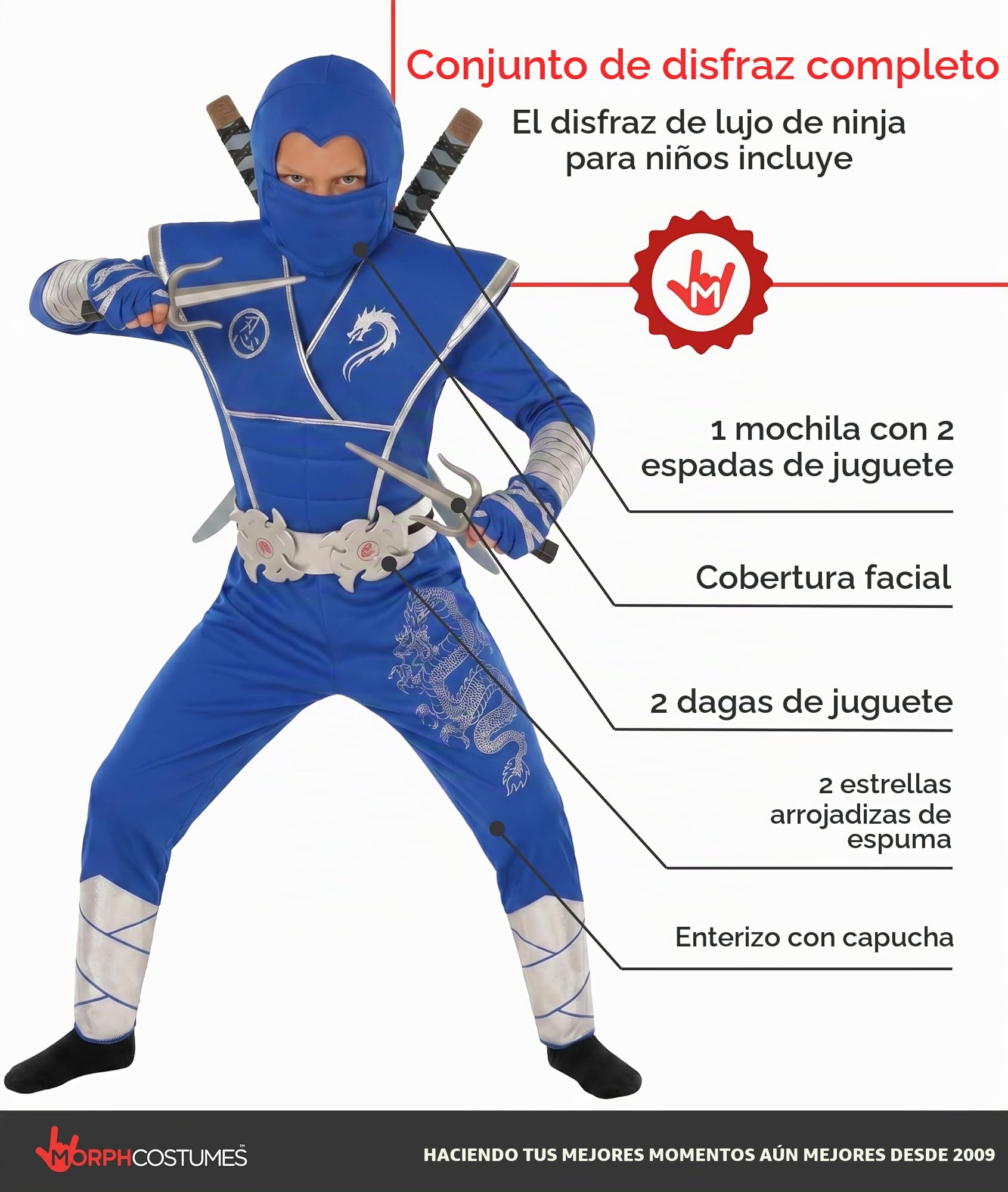 Morph Disfraz Ninja Niño, Disfraz Halloween Niño, 7-9 años