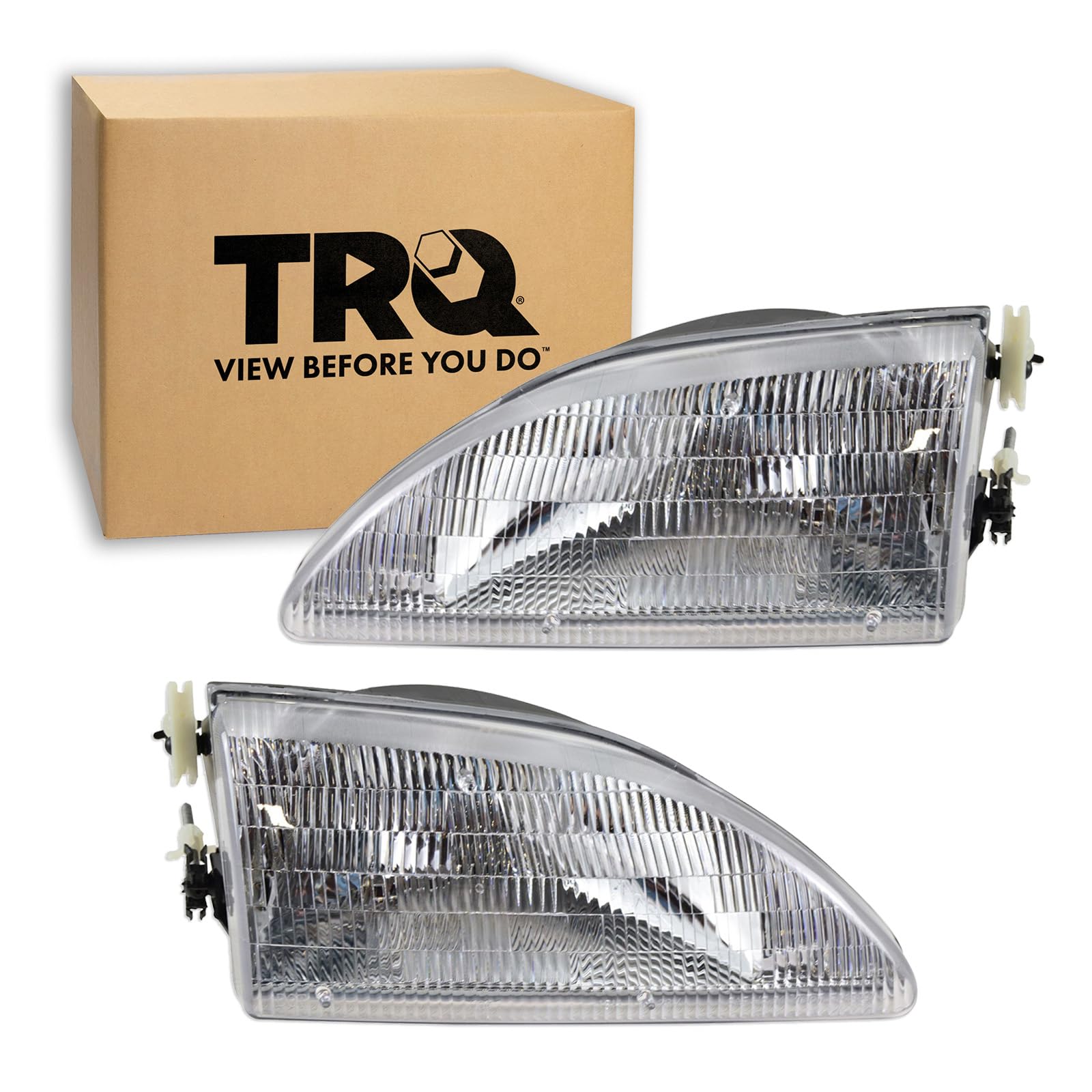 TRQ 2 Piece Headlight Assembly Set Chrome Bezel Driver &amp; Passenger Side Compatible with Ford Mustang 1994-1998 FO2502130 FO2503130 F4ZZ13008E F4ZZ13008F