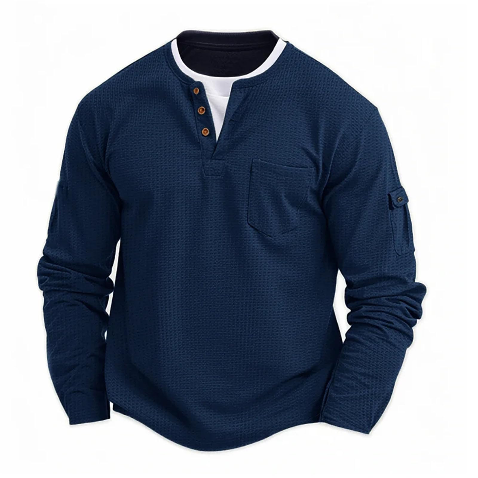 Camicia da uomo a maniche lunghe con bottoni casual tinta unita T-shirt alla moda in cotone a nido d'ape finto strato di base a due pezzi
