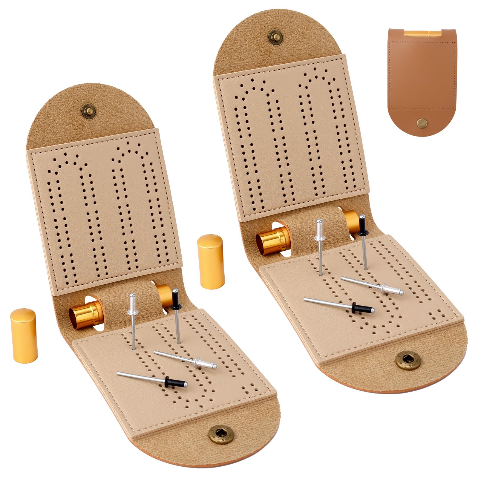 2 Sets Cribbage Board Game Set, Portable Travel Foldable PU Mini 2 Track Cribbage Board with 8 Metal Pegs and 2 Storage Slots Accessories Ideal for Family and Friends