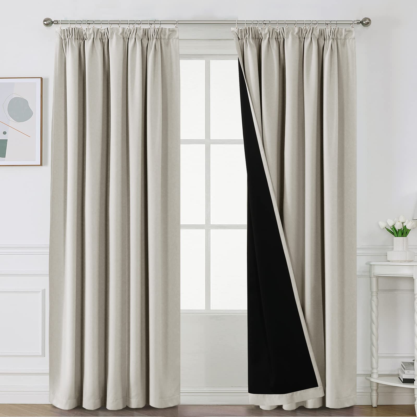 Bellahills Pumice Stone 100% Blackout Curtains For Bedroom Thermal Insulated Curtains & Drapes Blackout Curtains Pencil Pleat Curtains For Living Room With Black Liner 2 Panels, 90 X 90 Inch,