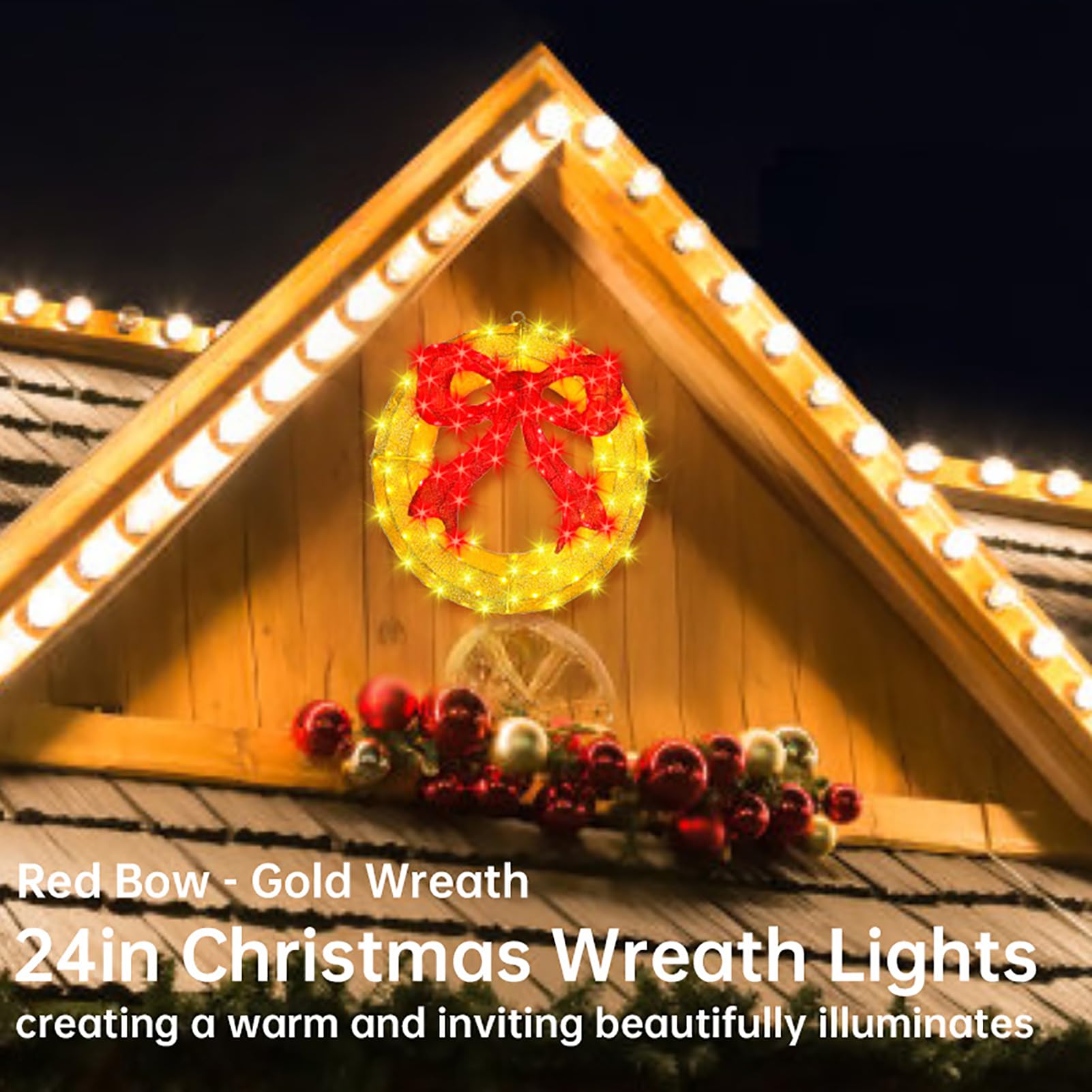 Couronne de Noël extérieure – Couronne de Noël lumineuse à DEL de 61 cm avec nœud, grande couronne de Noël éclairée, lumières de fenêtre pour mur, fenêtres, décoration de porte d'entrée, nœud rouge,