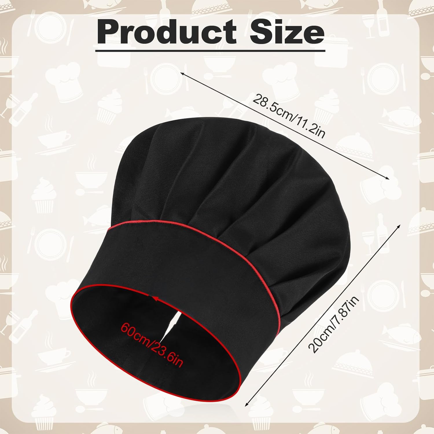 Hibachi Hat,Hibachi Chef Hat,Black Chef Hats,Adjustable Elastic Baker Kitchen Cooking Chefs Cap with Red Side Stripes for Men Women Black - Image 3