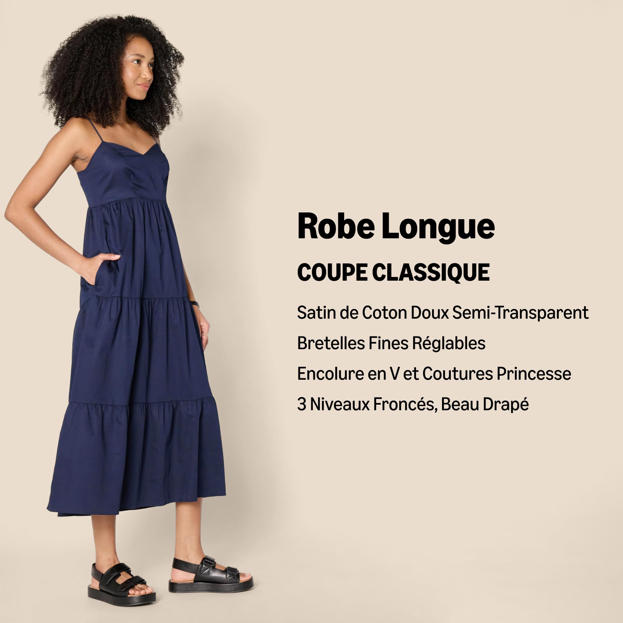 Amazon Essentials Robe Longue Évasée en Satin de Coton Taille Empire Décolleté Cœur Jupe à Volants Étagés Femme
