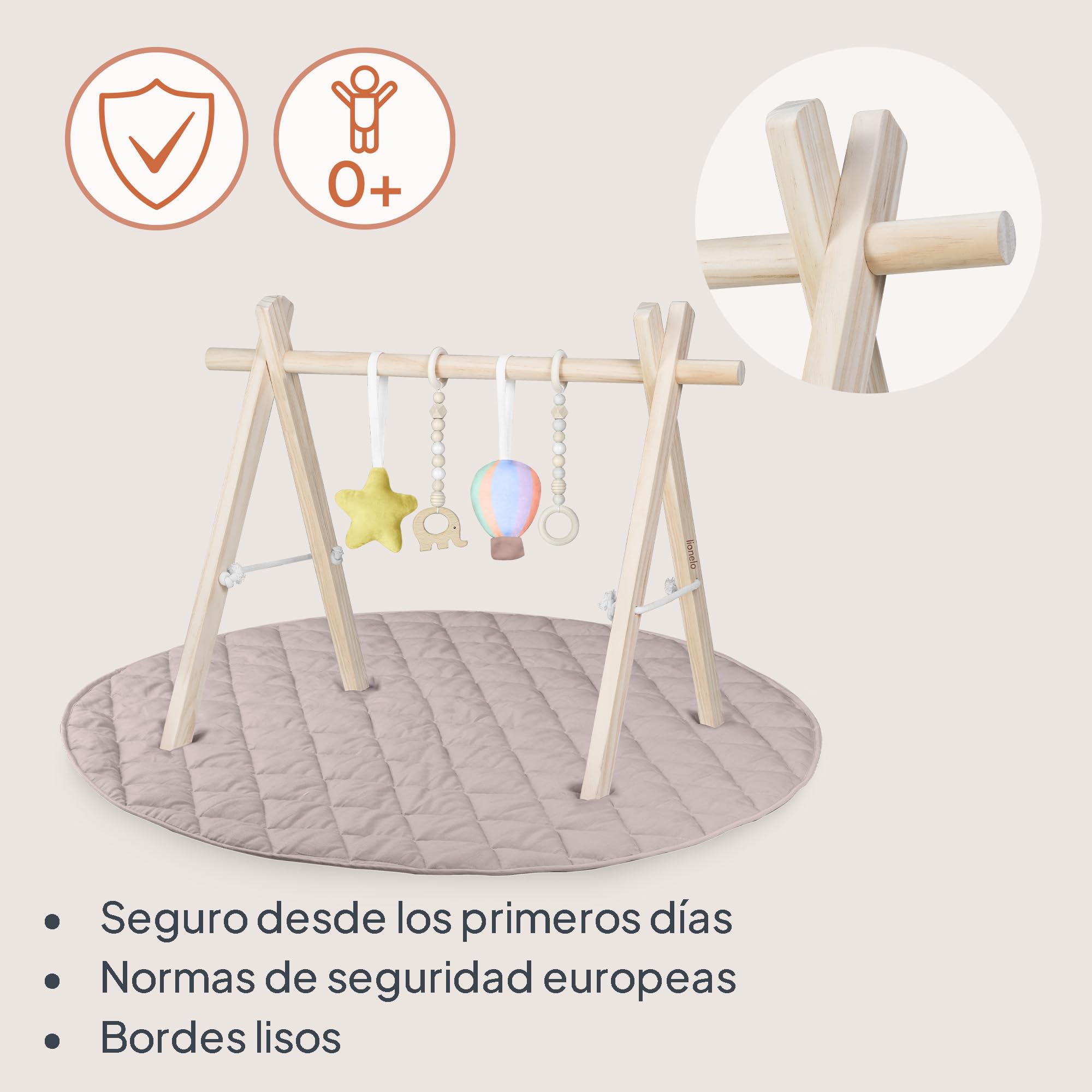 Lionelo Anis Set Manta de Actividades Bebé con Gimnasio de Madera, Baby Gym Montessori con Juguetes Desmontables, Alfombra de Algodón Antideslizante 2 cm, Plegable