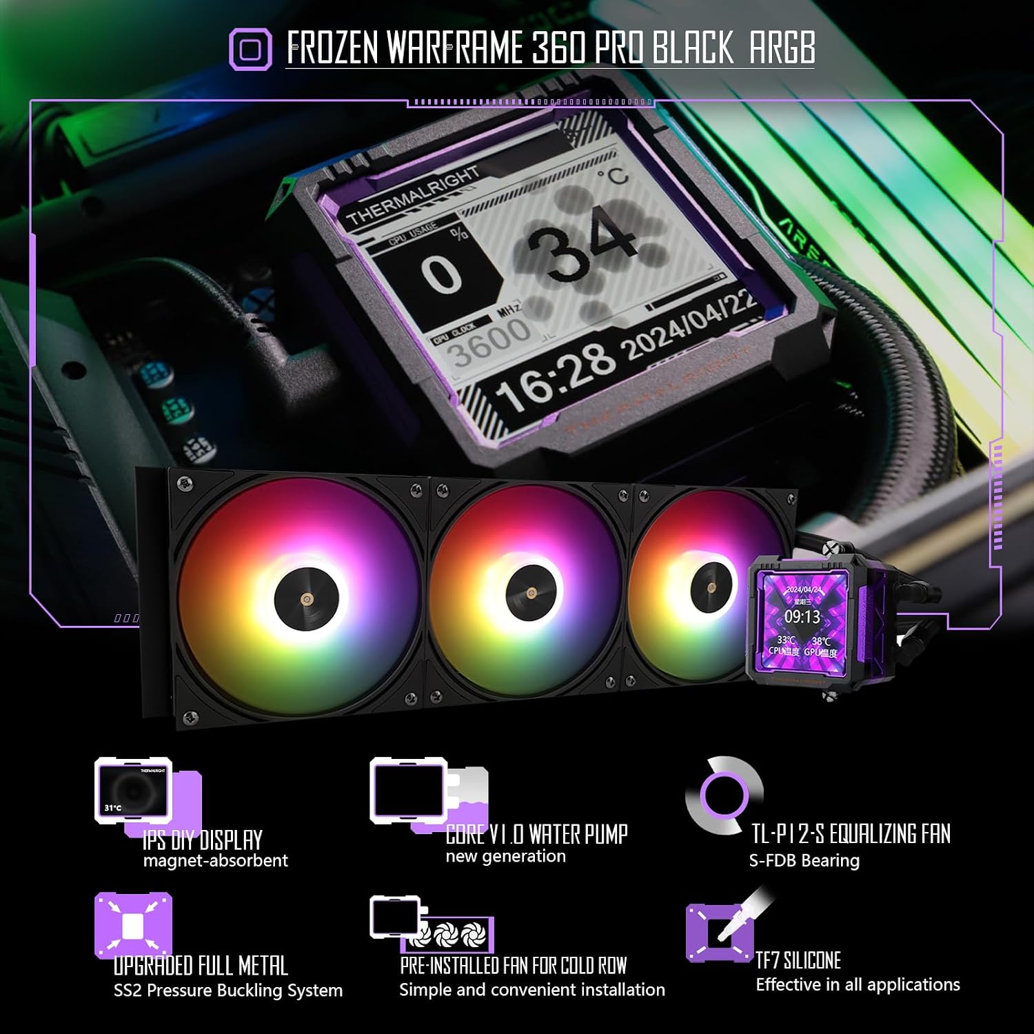 Thermalright FW360 PRO Black ARGB AIO CPU Liquid Cooler for Desktop - 2000RPM PWM Fans, with 2.73" LCD Display Screen, for AM4/AM5 & Intel LGA1150/1151/1200/2011/1700/1851