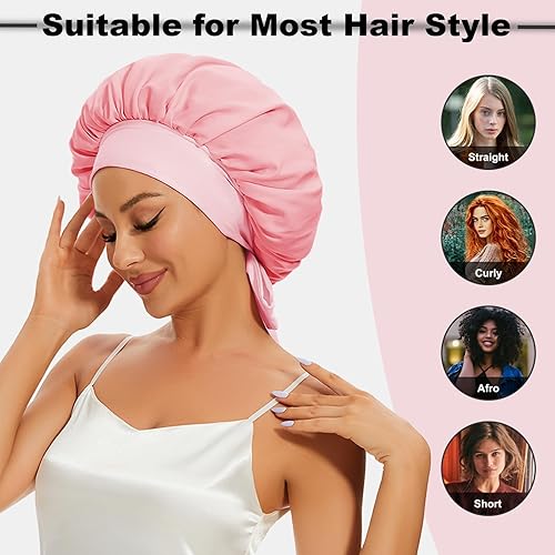Miniatura 5 de Gorro de seda para dormir, gorro de satén grande para mujer, envoltura para cabello rizado afros con banda de corbata (rosa)