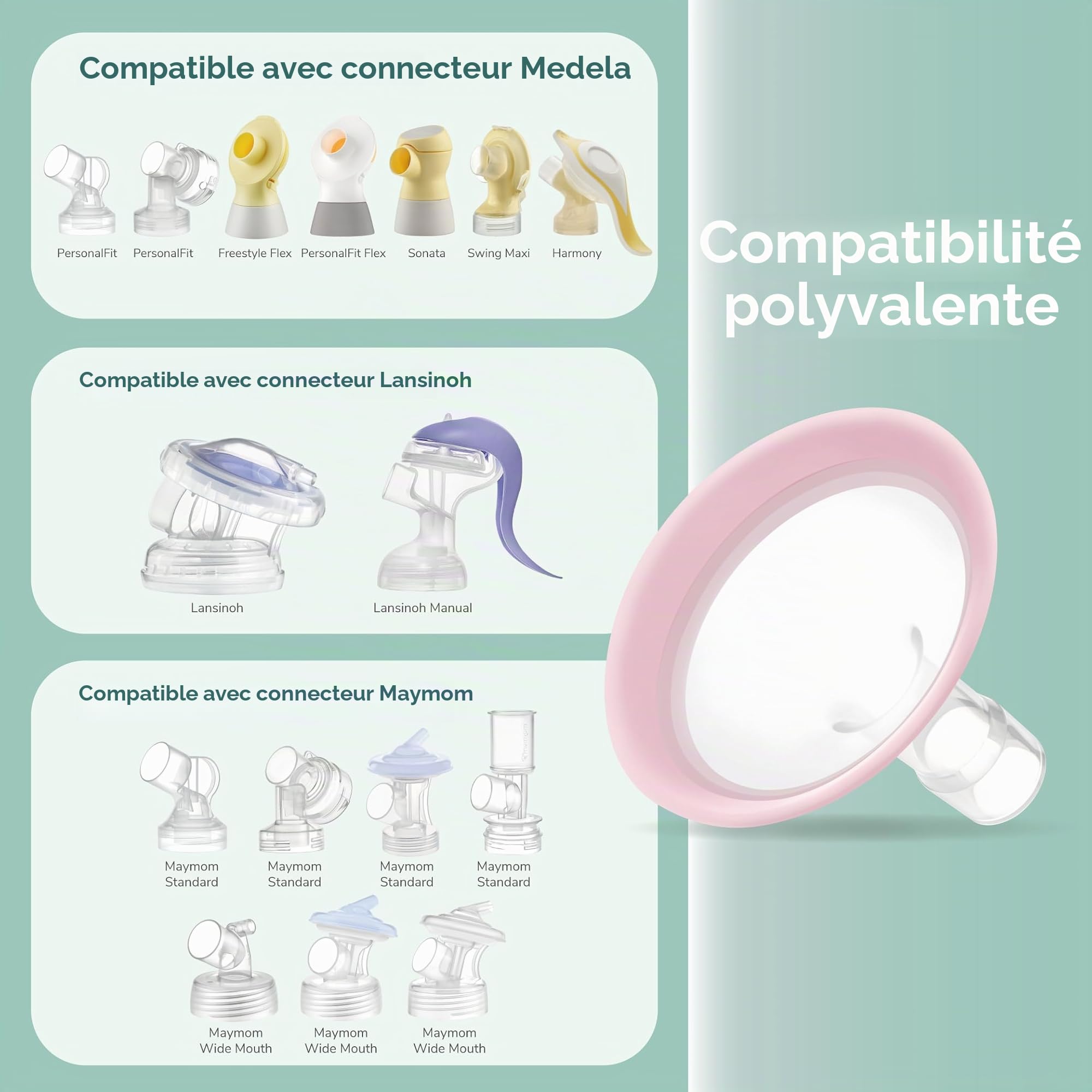 Maymom boucliers MyFit Pano 14 mm, compatibles avec tire-lait Medela (PersonalFit, Freestyle, Harmony, Maxi) et connecteur Freestyle Flex, pour connecteurs Maymom col large/étroit, lot de 2