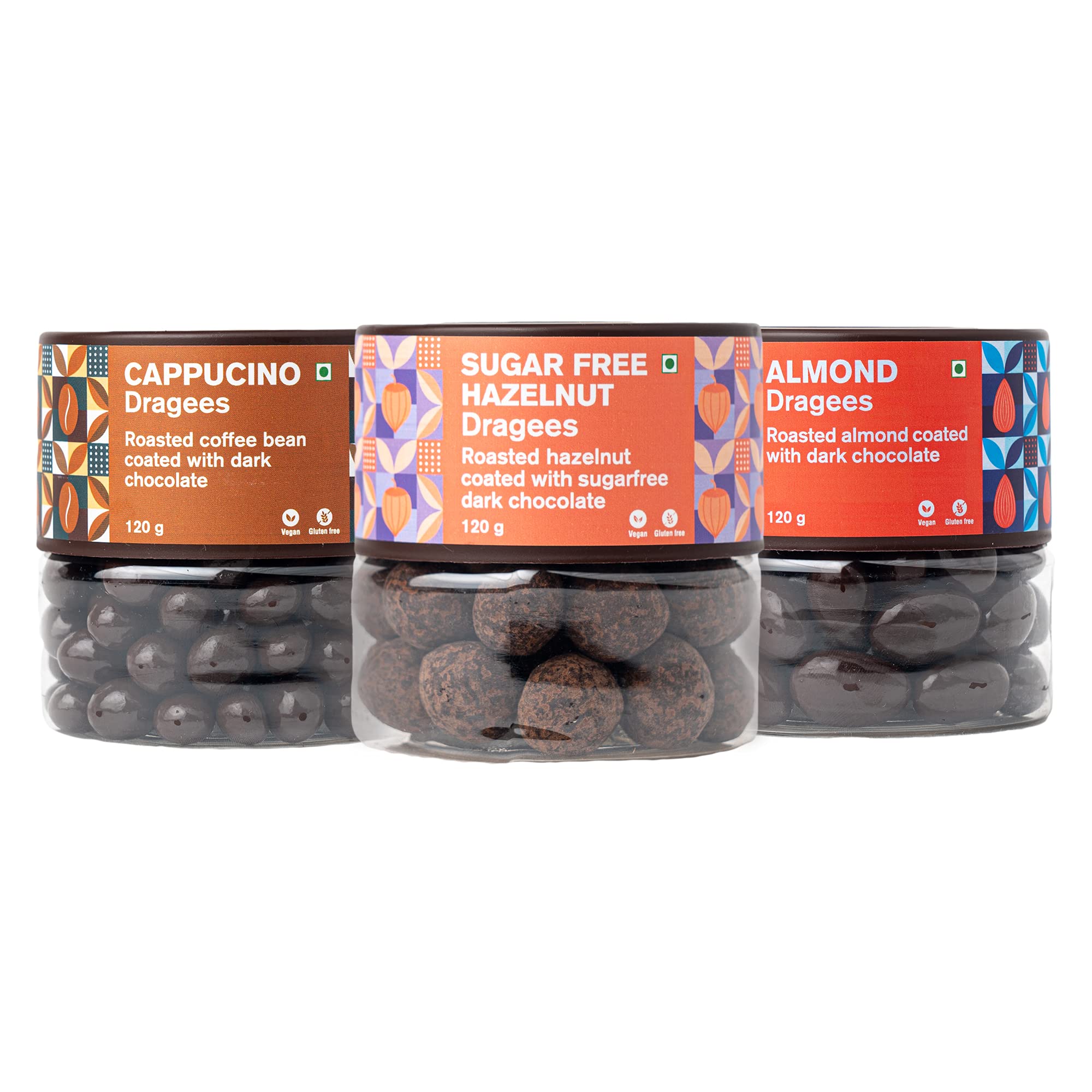 Entisi Premium Chocolate Coated Cappuccino, Sugar Free Hazelnut & Almond Dragees Jar - (120g Each, Pack of 3)