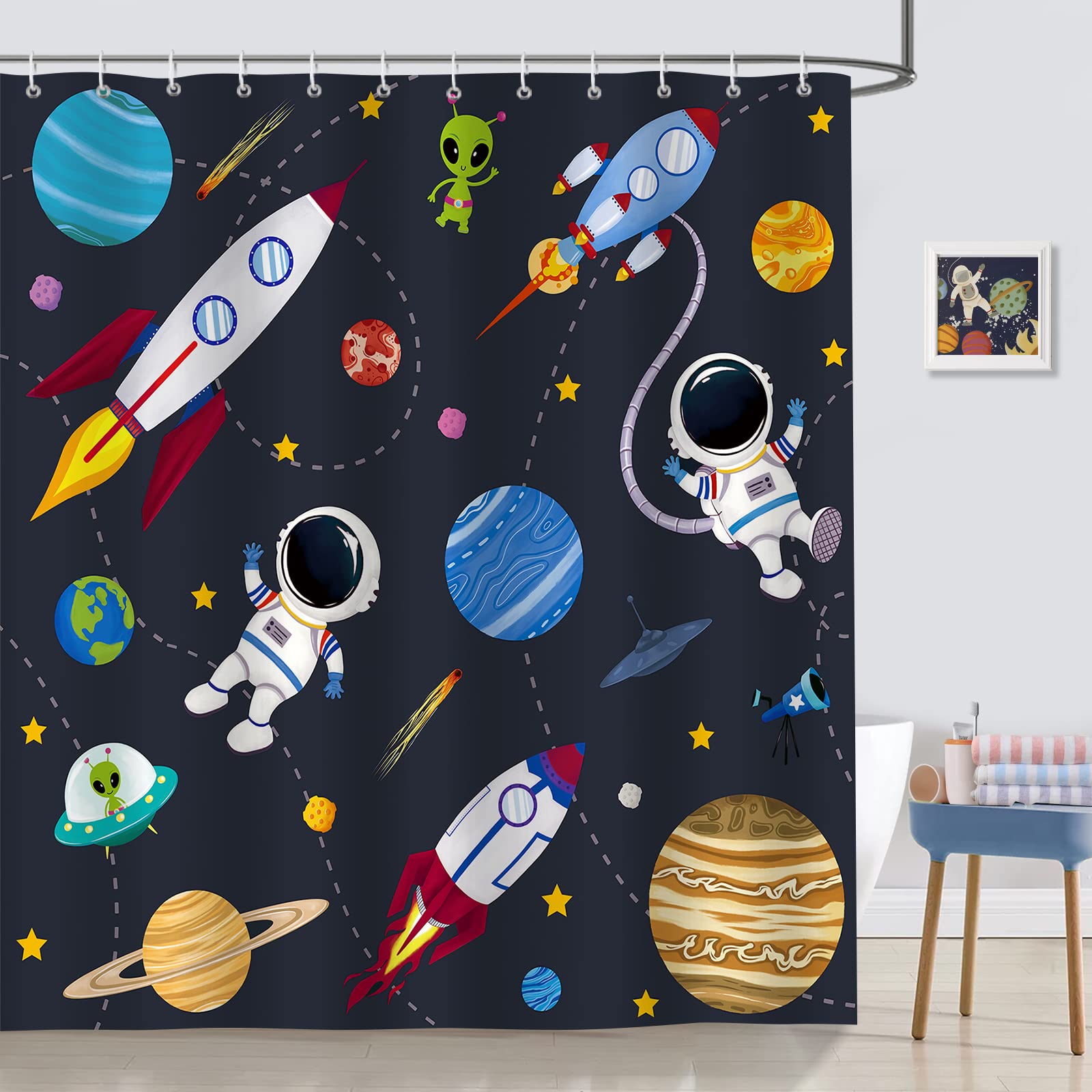 Bonhause Outer Space Shower Curtain for Kids, Rocket Planets Astronaut Boys Bathroom Decor 72 x 72 Inch Polyester Fabric Waterproof Bath Curtain with