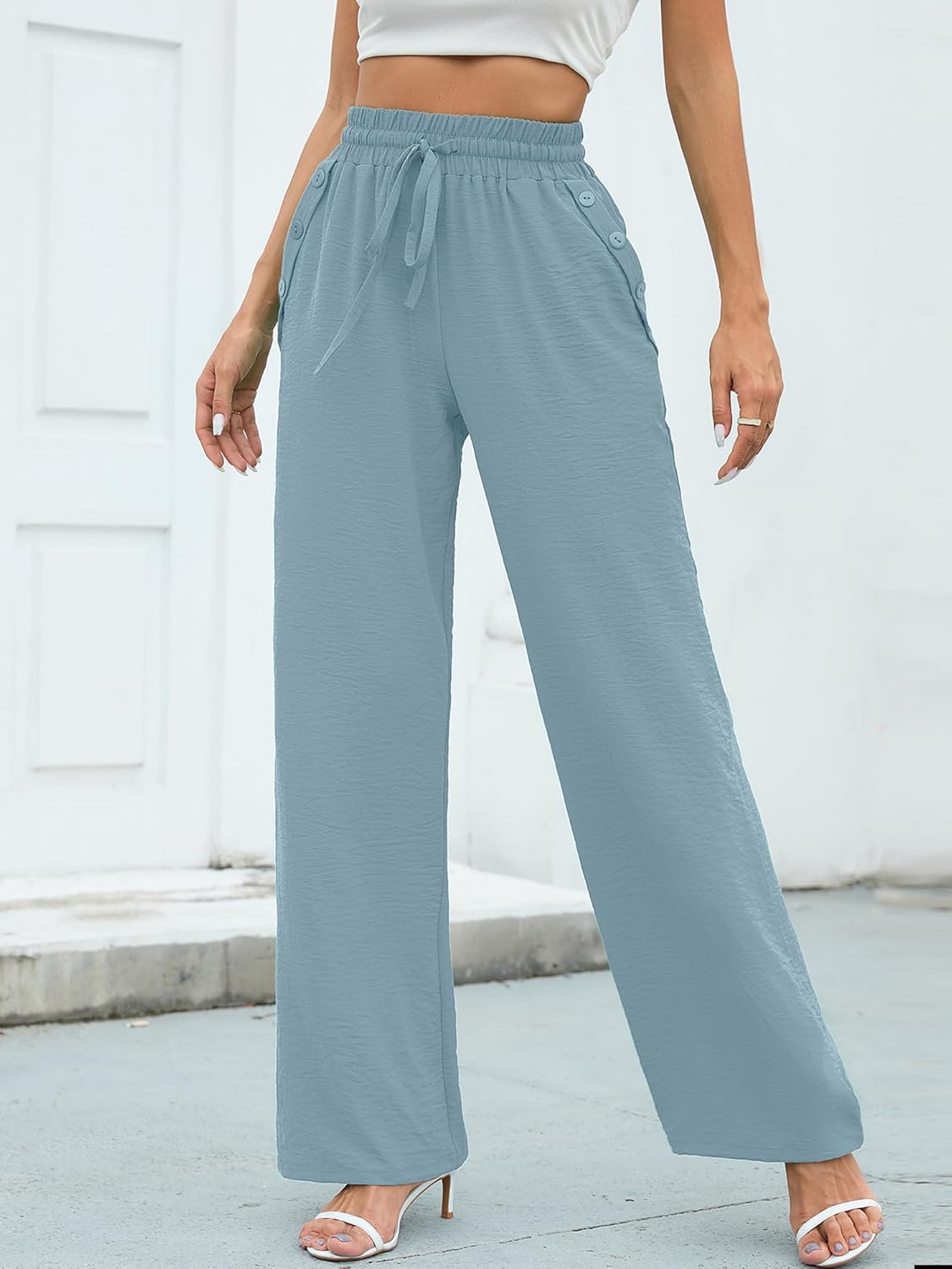 Heymoments Women's Wide Leg Lounge Pants with Pockets Lightweight High Waisted Palazzo Adjustable Tie Knot Flowy Trousers - Image 2