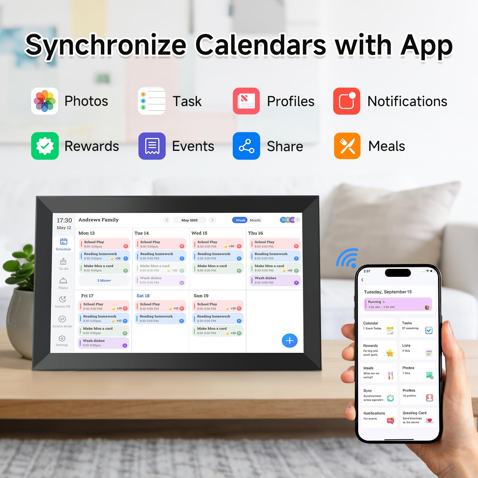 Calendrier Numérique 15,6" – Planning Familial Wi-FI & Cadre Photo Numérique, Organisation Familiale 1920 x 1080 Écran Tactile et Application, Sync Horaires & Partage Moments Via App, 32Go