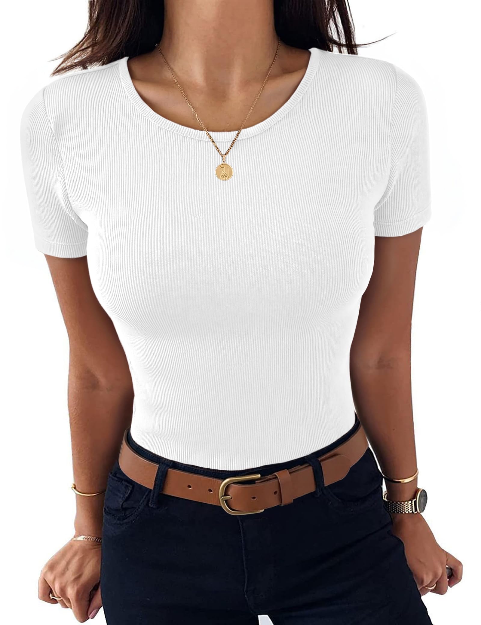 Aottori Damen T-Shirt Rundhals Sommer Oberteile Kurzarm Gerippt Basic Tee Shirts Elegant Slim Fit Tshirt Stretch Casual Tops Einfarbig
