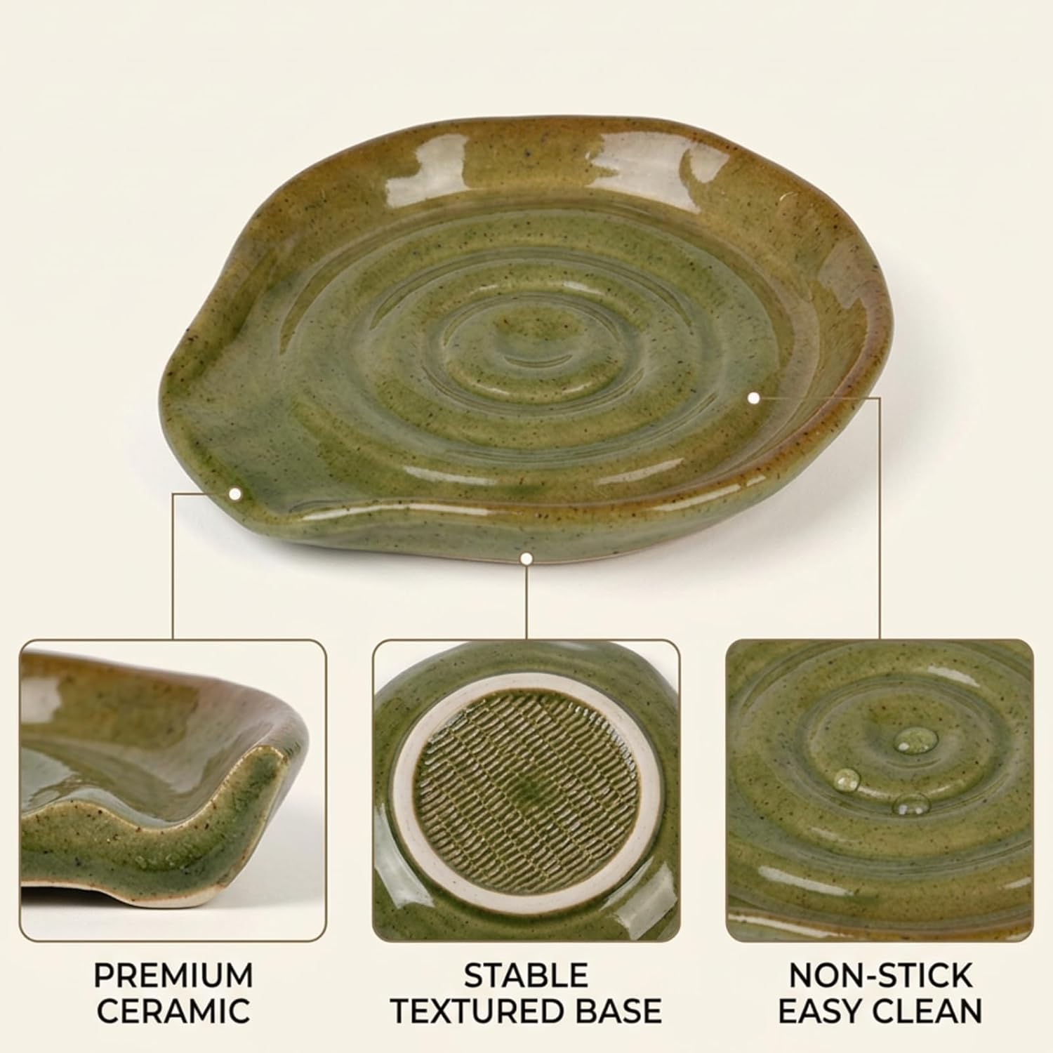 Ceramic Spoon Rest Set, 6 Pack Large 5.1" x 5.1" Heavy Duty Non-Stick Pottery with Textured Base, Antique Bronze Green Spoon Holder for Stove Top, Kitchen Counter and Coffee Bar Decor