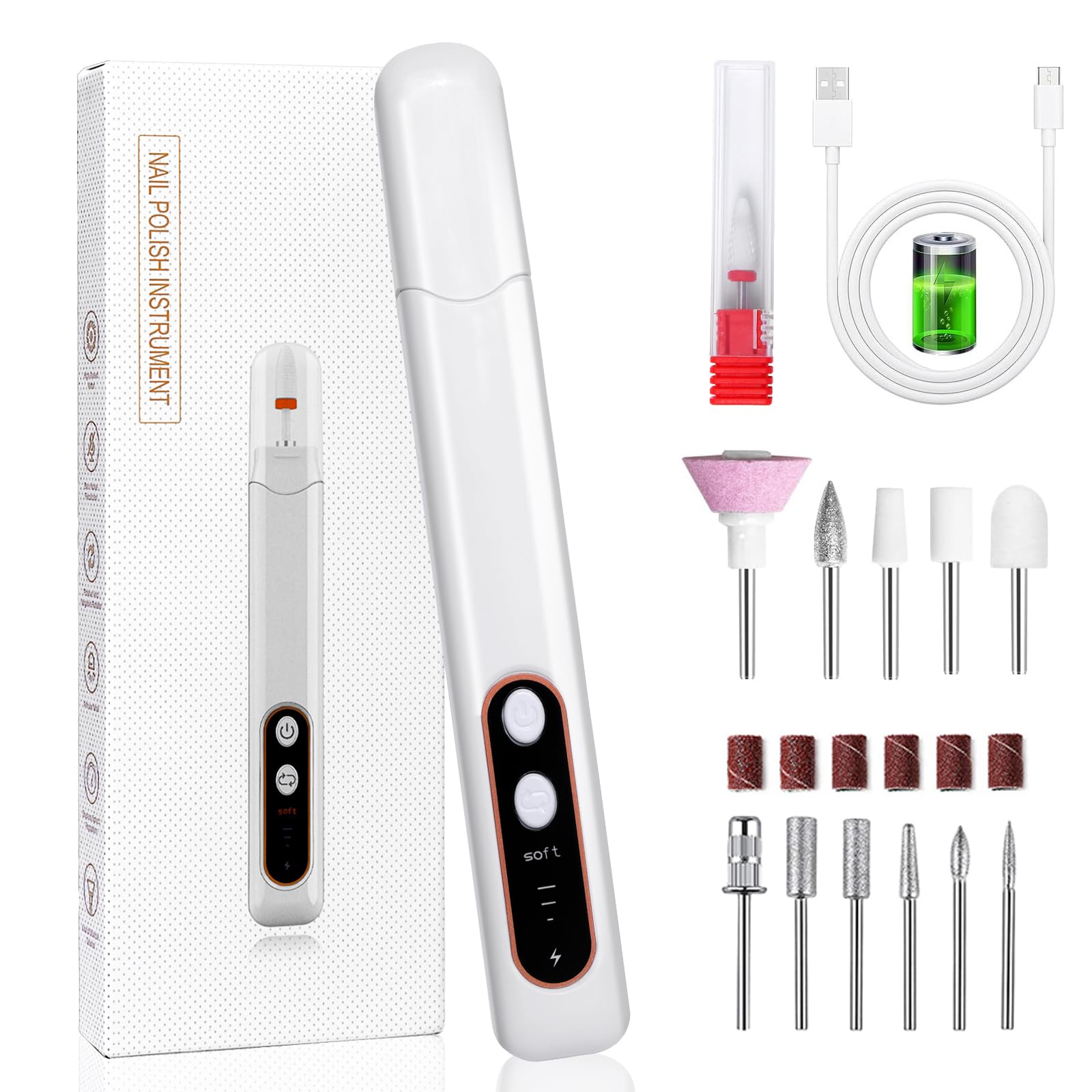 Torno para Uñas, 12 en 1 lima electrica uñas USB recargable, 15,000 RPM Velocidad Ajustable Kit de Manicura y Pedicura Eléctrico Profesional, Set de Manicura para Salón DIY