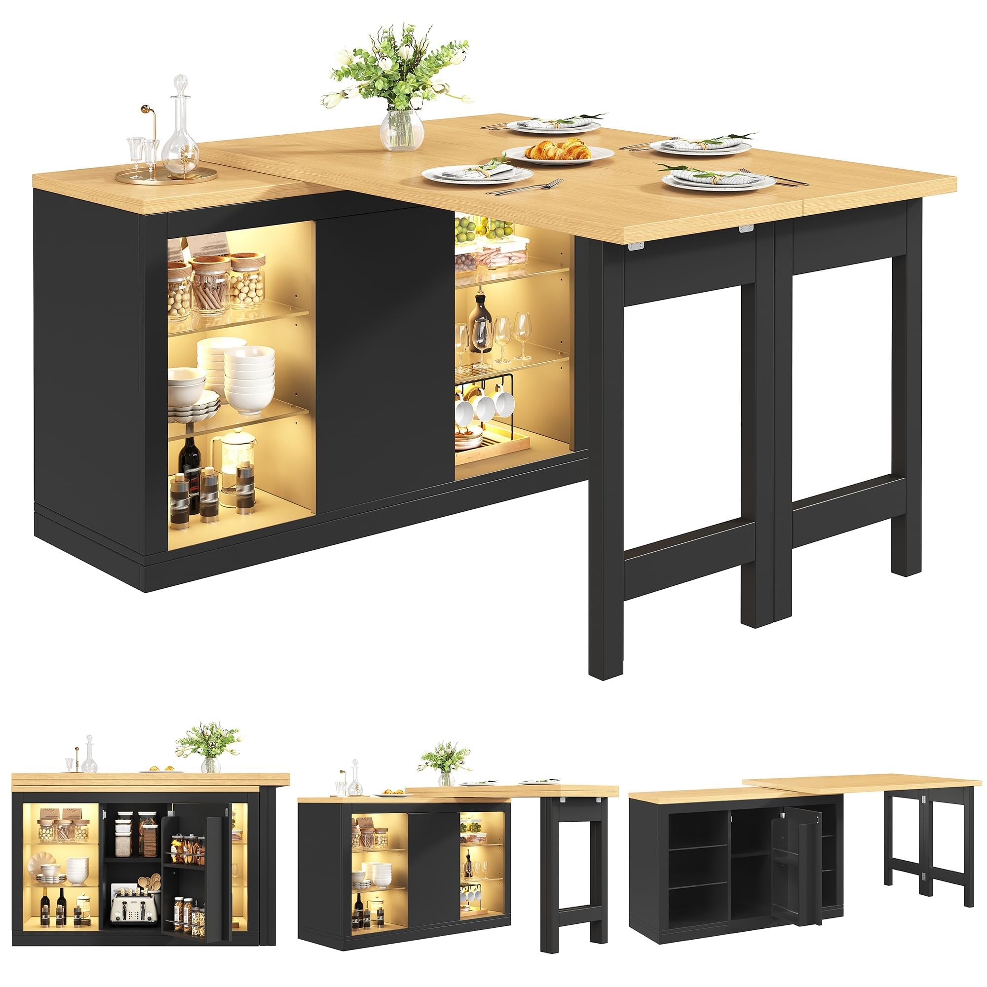 Ausziehbarer Kücheninsel-Esstisch mit App-steuerbarer LED, 120-197cm, 360° drehbar, mit magnetischen Türen & Glas-Einlegeböden, Schwarz, belastbar bis 60kg