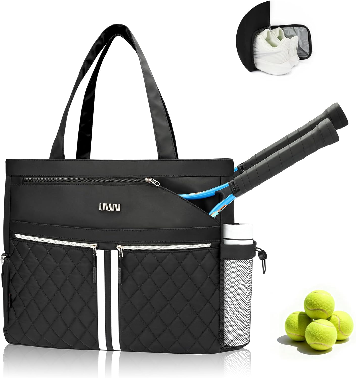 NST Tennis Tote Bag with Shoe Compartment - Large Quilted Pickleball Bag Holds 4 Rackets, Waterproof & Lightweight Gym Bags for Men & Women Black
