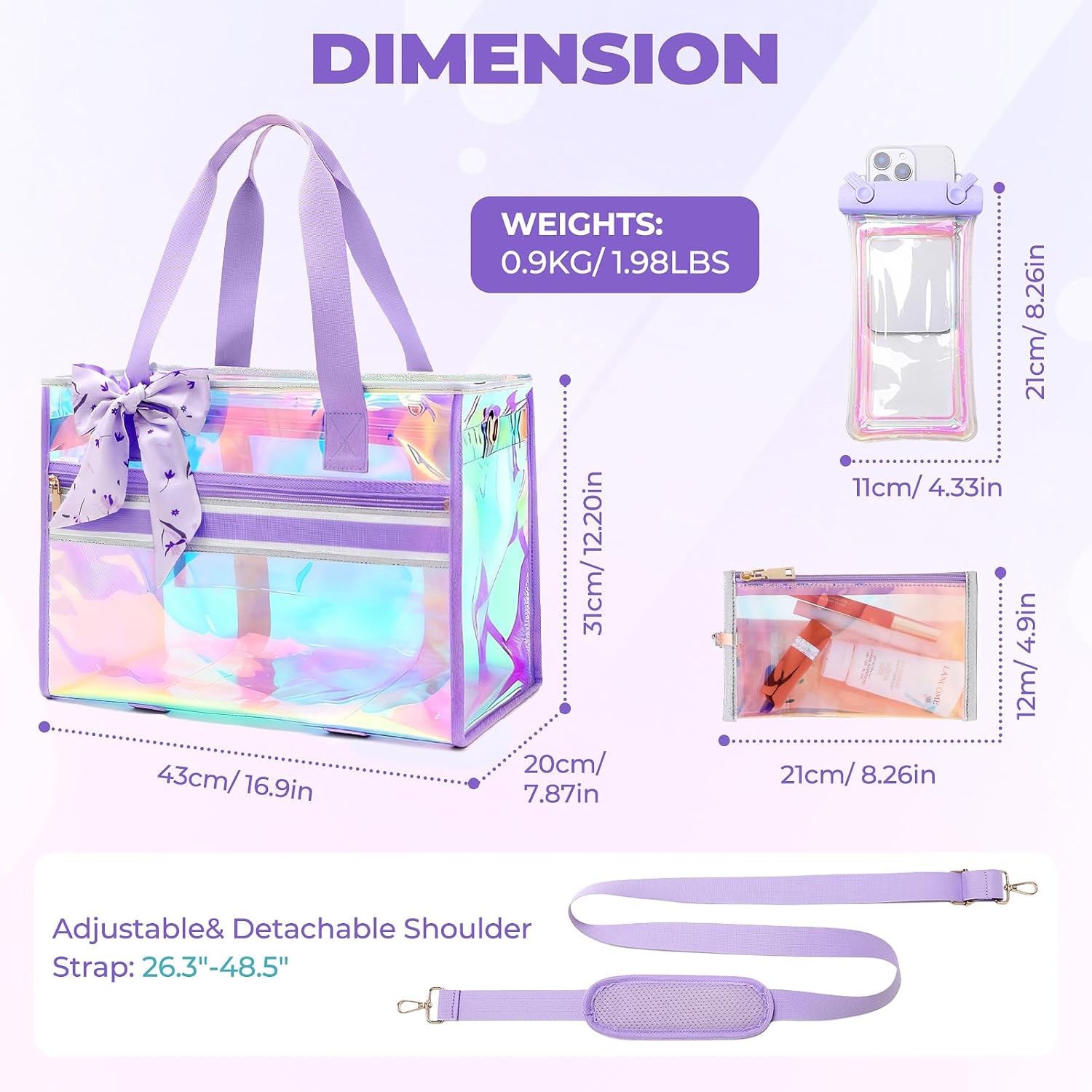 Iridescent Beach Bag for Women, Large Waterproof Sandproof Beach Tote Bag Holographic Clear Tote Purse with Zipper