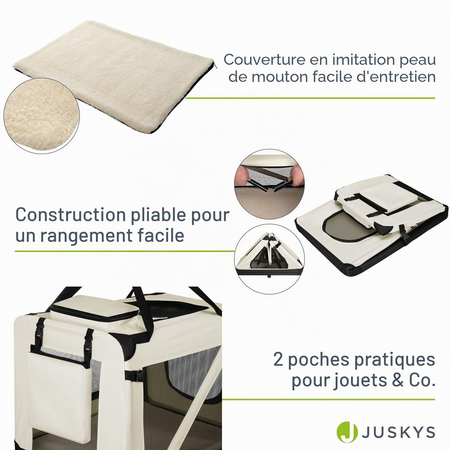 Juskys Caisse de Transport Pliable pour Chiens Lassie XL (Beige) - 58 x 82 x 58 cm - Avec Couverture, Poche & Poignées - En Tissu