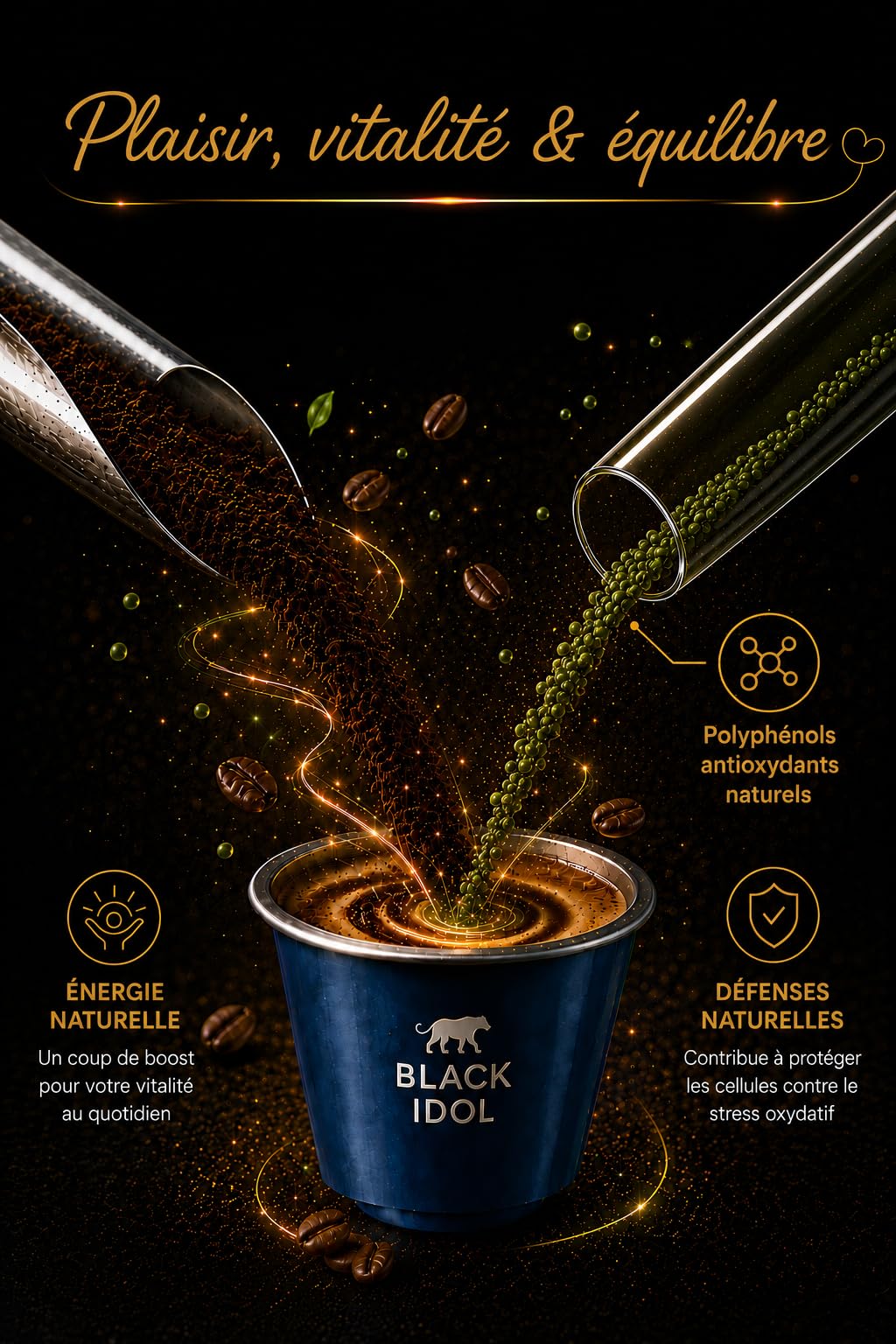 CAFÉ SUPER ANTIOXIDANTE – ANTIEDAD BLACK IDOL – 100 CÁPSULAS, compatible con NESPRESSO* ORIGINAL – Intensidad 10 – Café enriquecido con polifenoles antioxidantes naturales