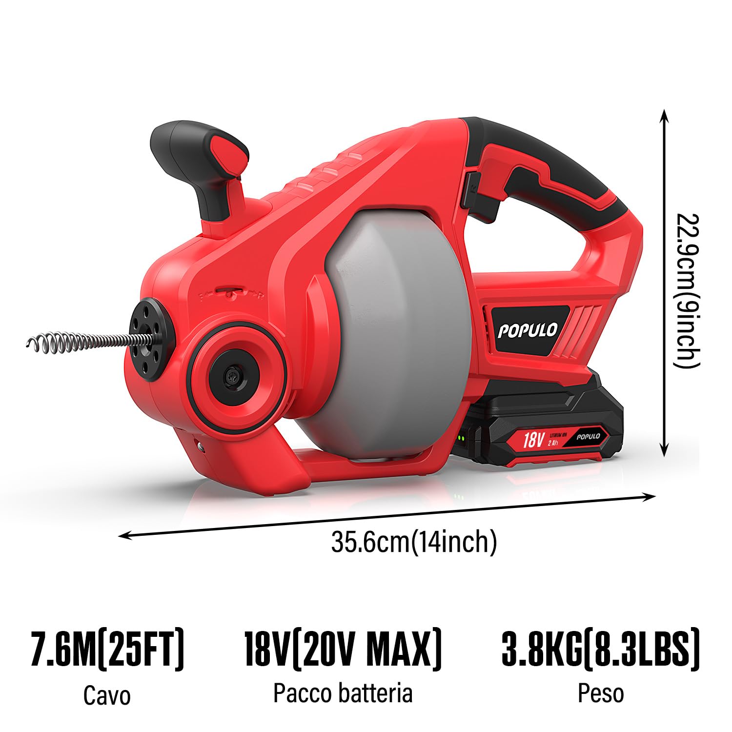 POPULO 18V(20V Max) Trivella di scarico elettrica, 25Ft Utensili per la rimozione di zoccoli di scarico a serpente per impianti idraulici, Pulitore di scarico senza fili per WC, fogna, bagno