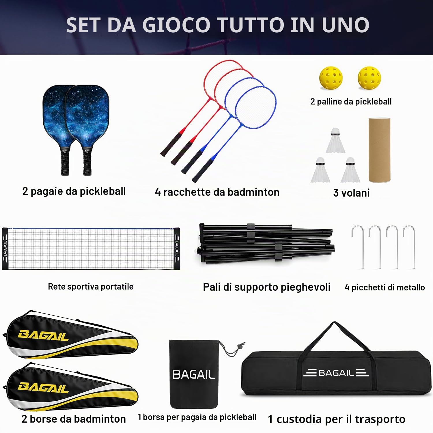 BAGAIL rete sportiva con set per pickleball e badminton, 3m / 4,2m / 5,2m | sistema a rete regolabile in altezza, borsa da trasporto portatile, senza attrezzi, per pallavolo, pickleball e tennis
