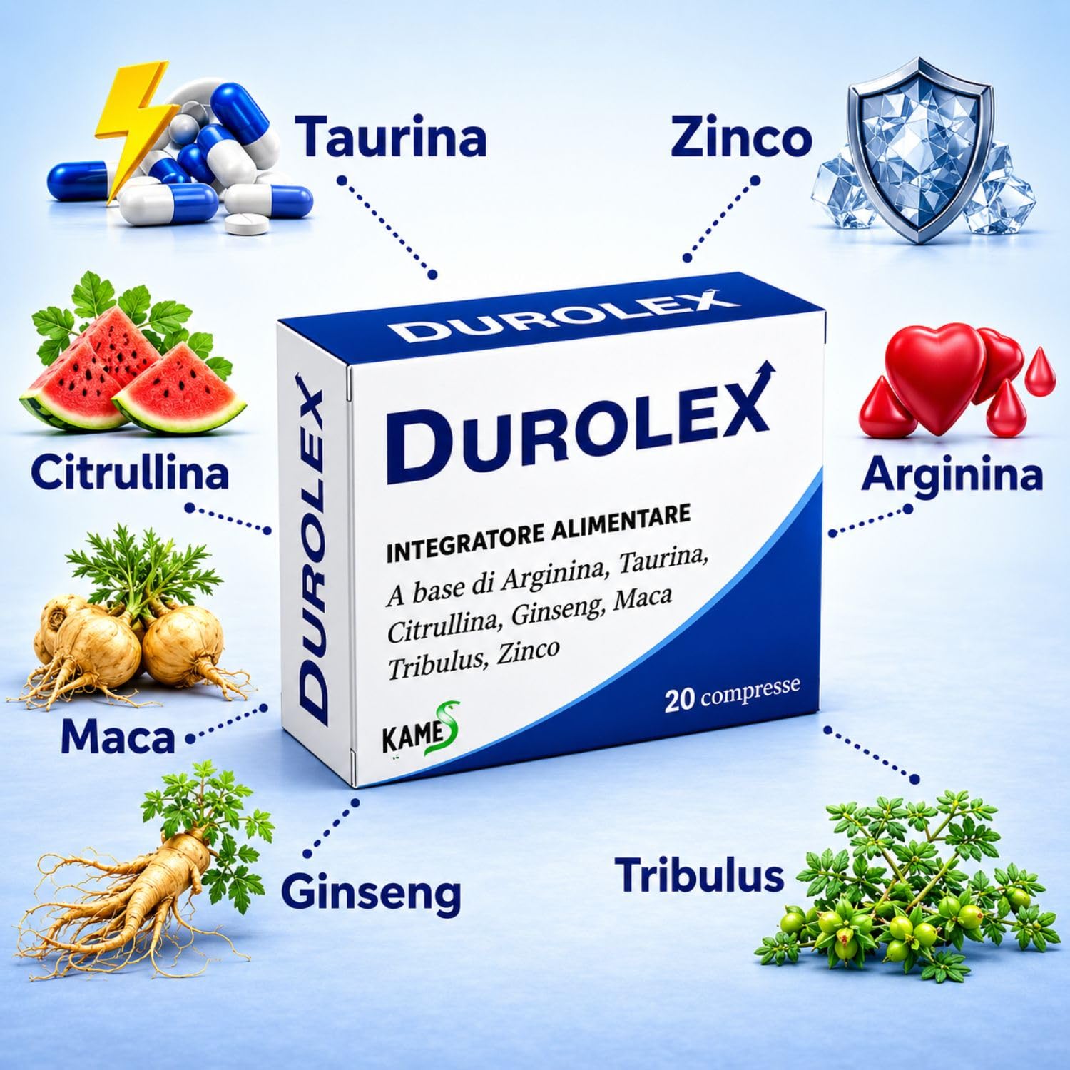Integratore Naturale con ARGININA taurina, citrullina, ginseng, maca, tribulus Terrestris. Nuova formula sviluppata per il benessere il rinforzo dei tessuti muscolari (azzurro)
