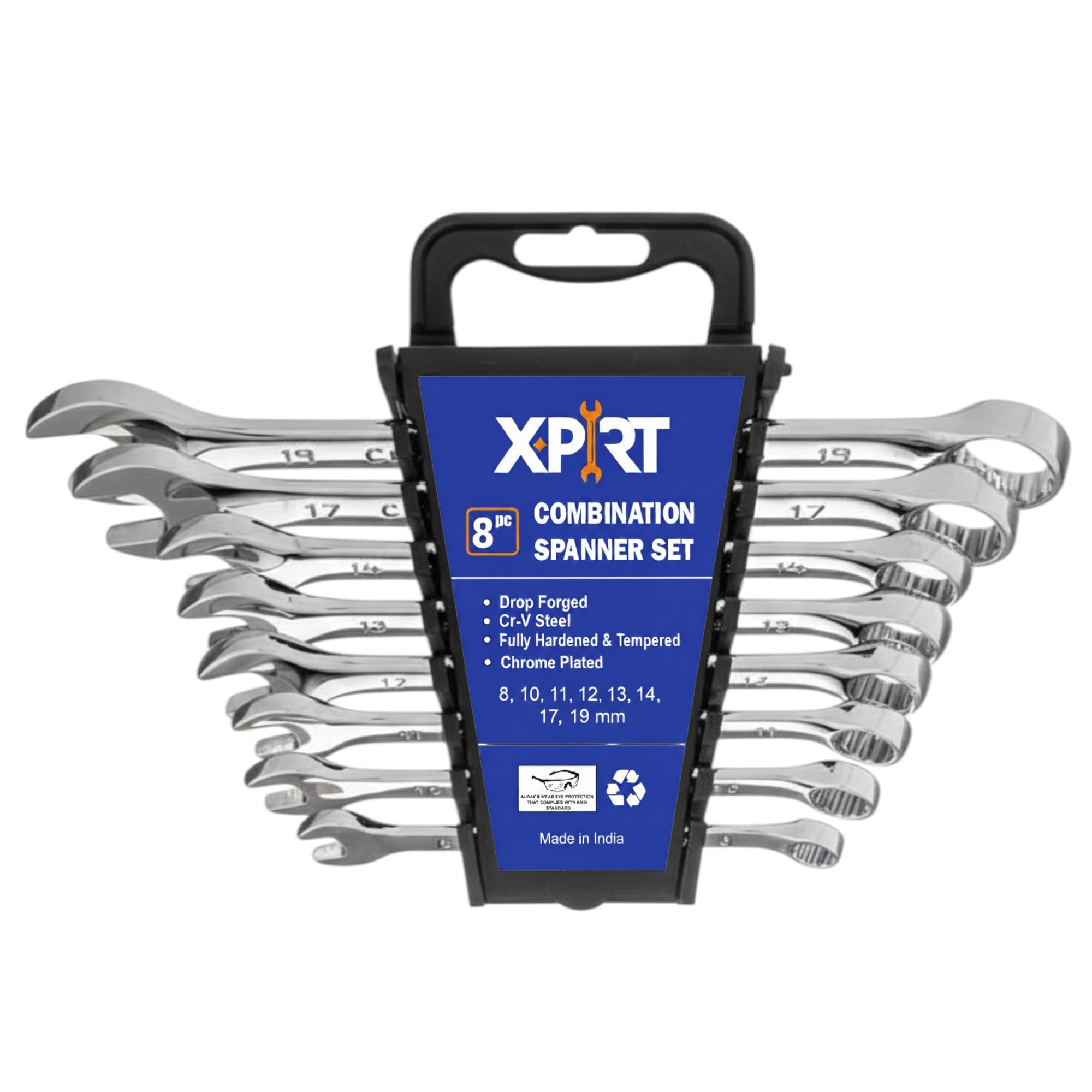 XPRT 8-Piece Combination Spanner Set | CRV - Steel Wrenches 8mm–19mm | Open & Ring End Design | Chrome-Plated Rust-Resistant Tools for Home Maintenance & DIY Repair Use (Silver)
