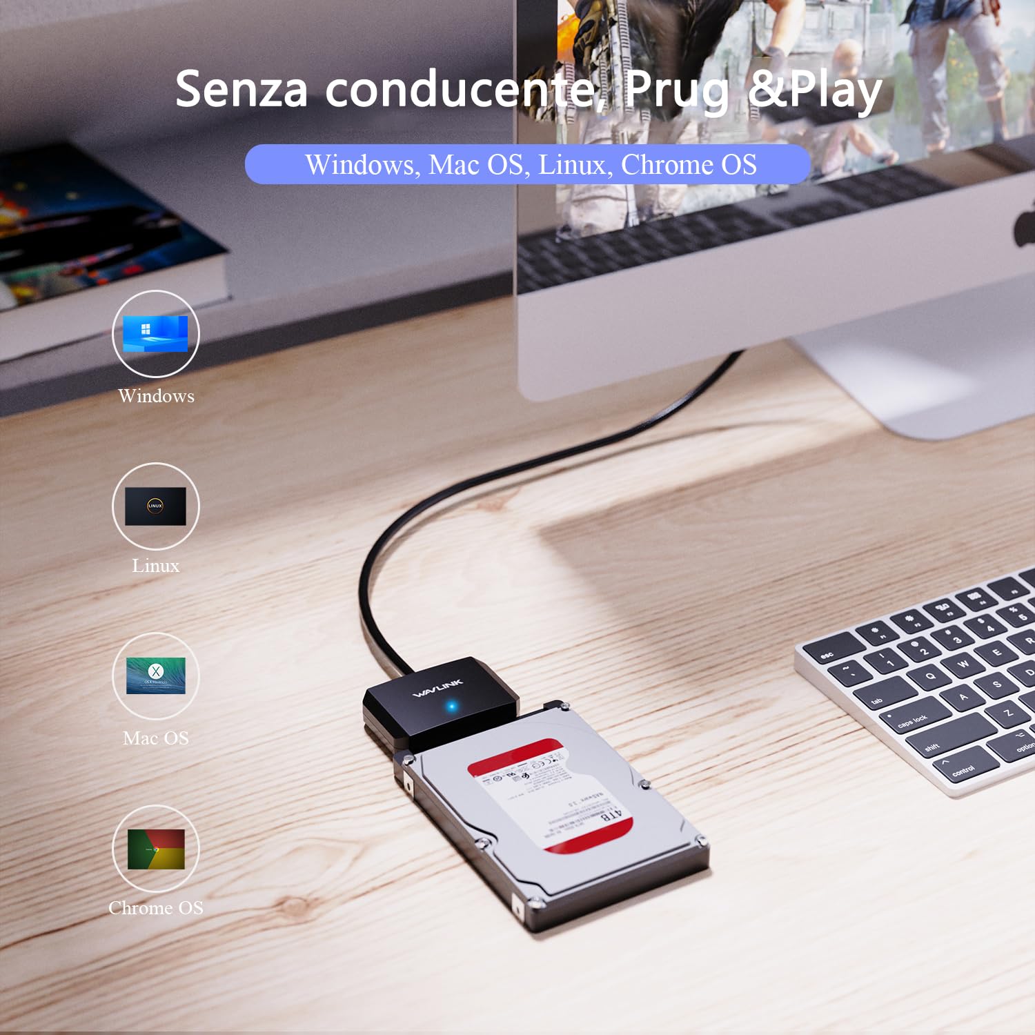 WAVLINK Cavo Adattatore da USB3.0 a SATA III per Disco Rigido, Convertitore da SATA a USB A 5Gbps, Connettore per Disco Rigido Esterno per HDD/SSD da 2,5"/3,5", Adattatore di Alimentazione Incluso