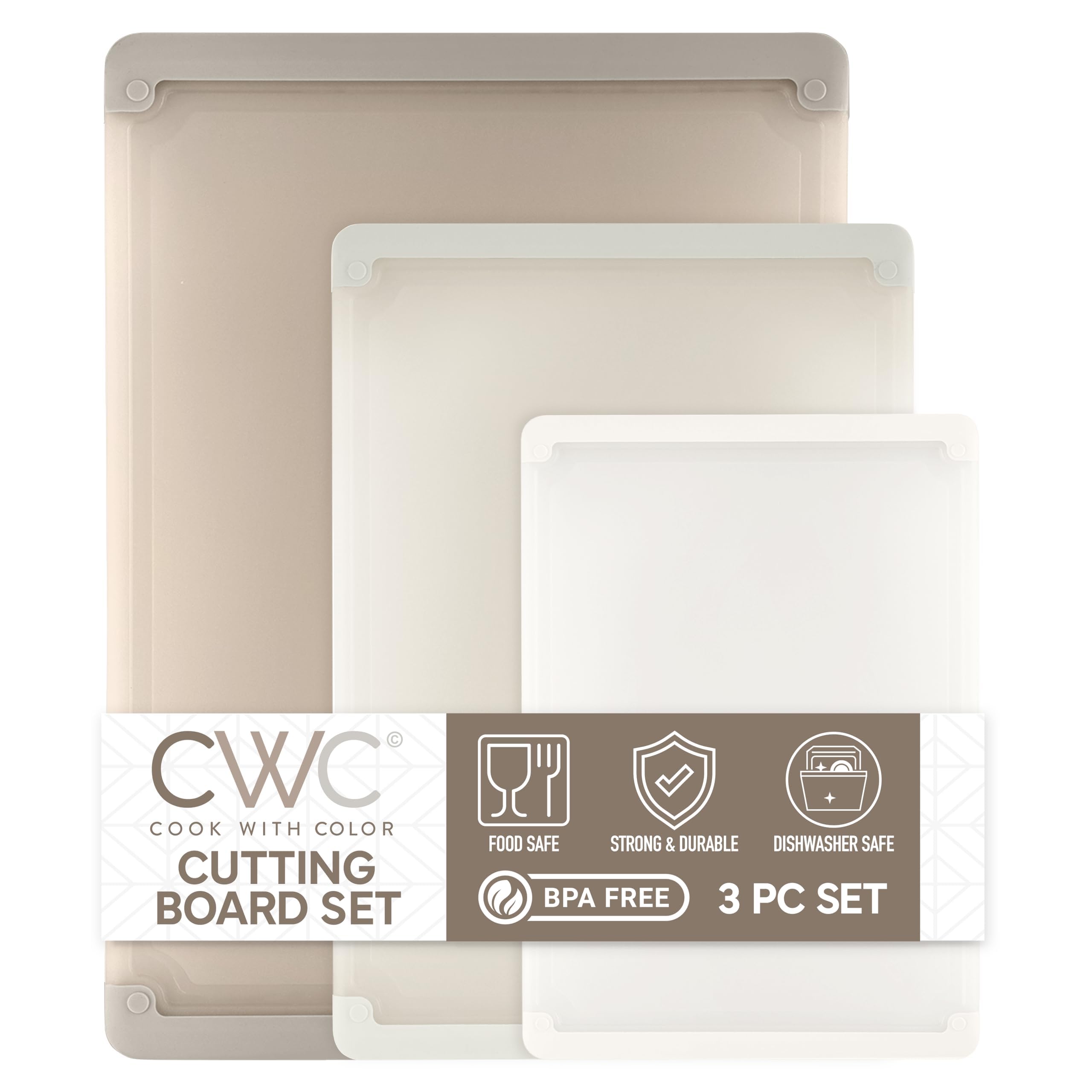 COOK WITH COLOR Extra Large Cutting Board Set, Jumbo-Sized Boards with Rubber Border for Enhanced Cooking Experience, 3-Piece, Brown