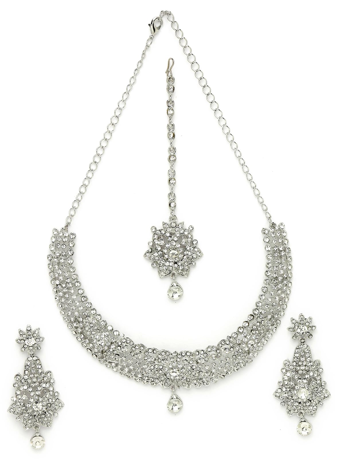 Sukkhi Magnifecent Rhodium Plated Silver AD White Stones Collar Bone Necklace Set With Earring And Maangtika | Jewellery Set For Women (NS105669) (B0CBC4NX9P) Amazon Price History, Amazon Price Tracker