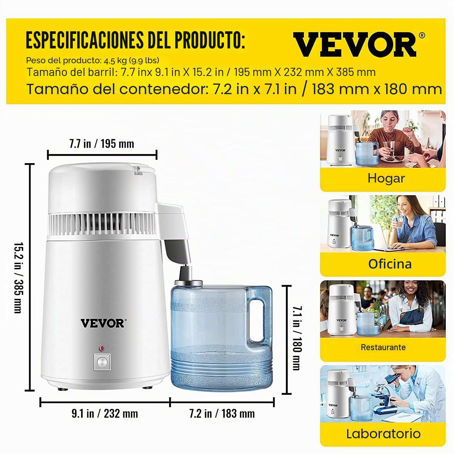VEVOR Destilador de Agua 4L Acero Inoxidable Purificador Filtros Destilación