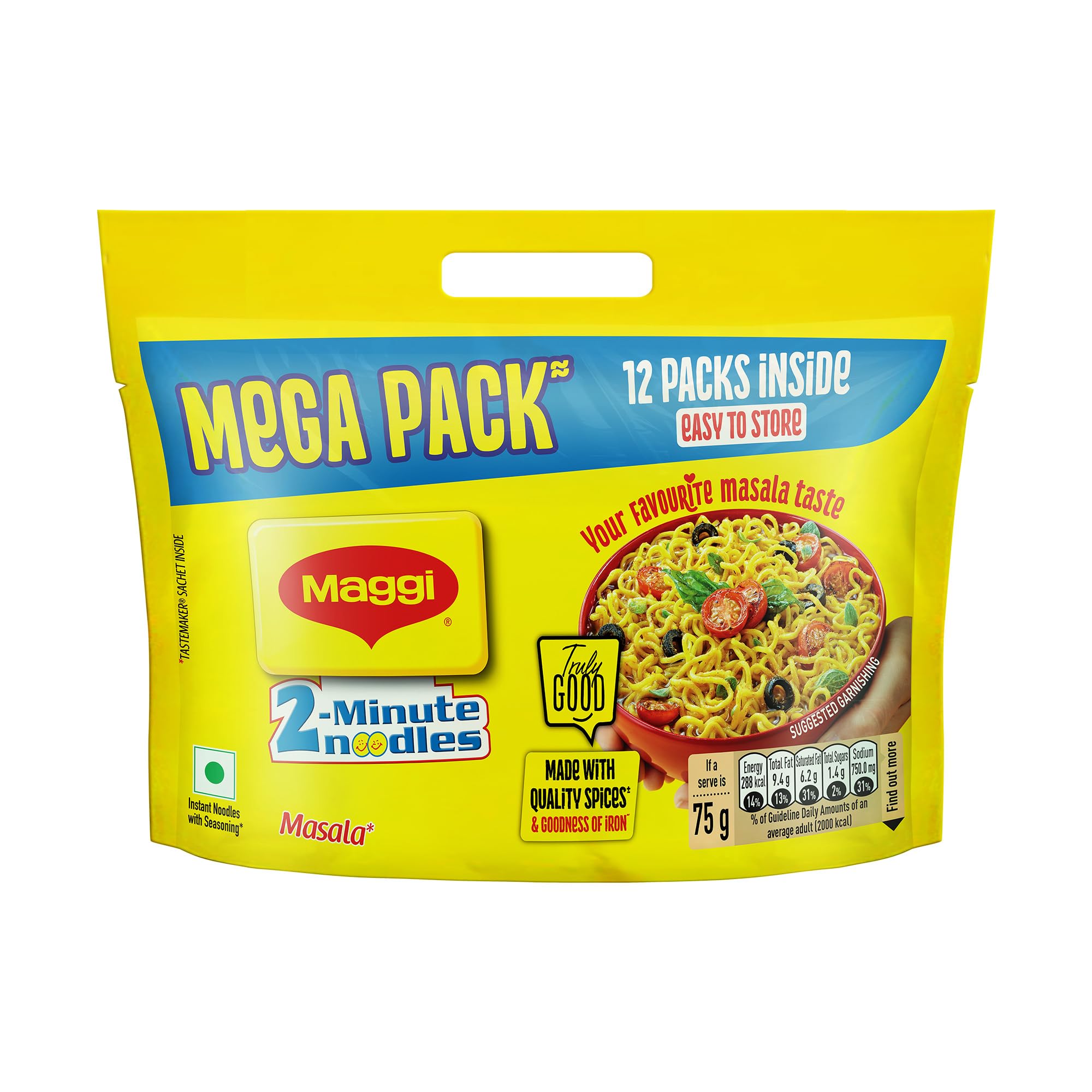 MAGGI 2-Minute Instant Noodles, Masala Noodles With Goodness Of Iron, Made With Choicest Quality Spices, Favourite Masala Taste, 840/900g Pouch (Pack of 12, 70/75g each) (weight may vary)