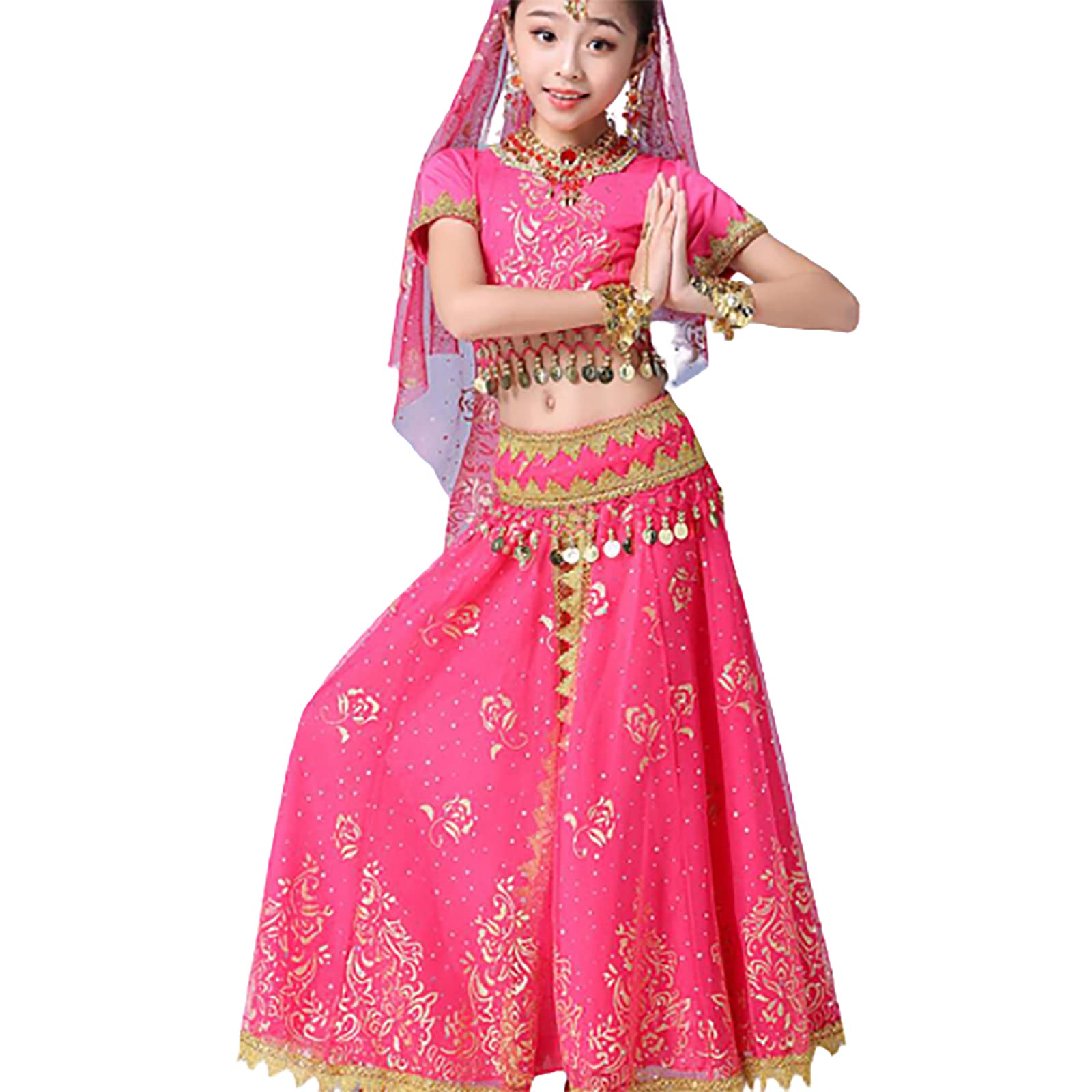 Strój do Tańca Brzucha Dla Dziewcząt Bollywood Indyjski Strój Dziewczęcy Przebranie Na Imprezę Karnawał Strój Dla Dziewcząt Strój Księżniczki Strój do Tańca (Zestaw 5 Części) Występ I Praktyk