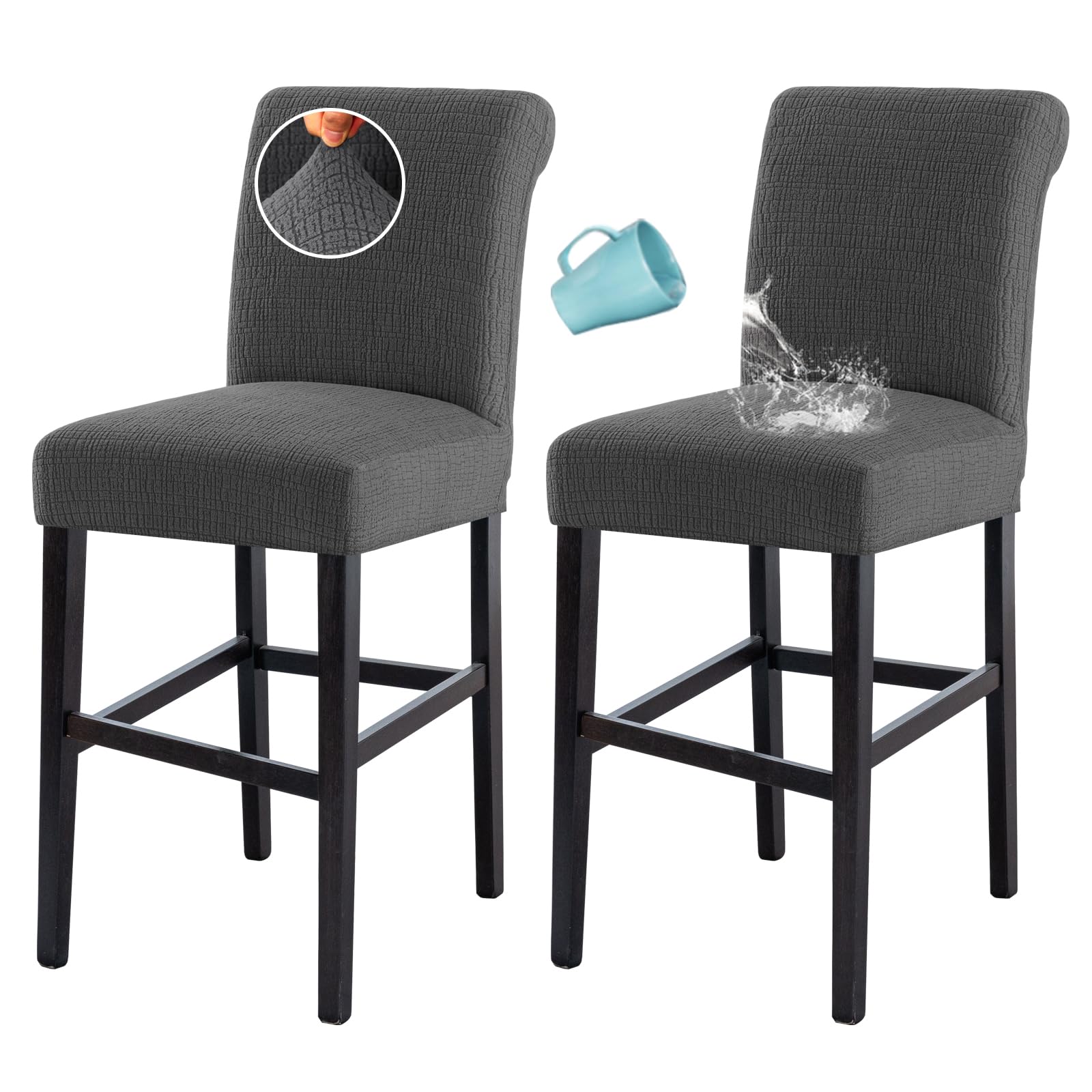Photo 1 of H.VERSAILTEX 100% Waterproof Bar Stool Covers Stretch Washable High Chair Cover for Dining Room Chair Removable Counter Stool Pub Chair Slipcover Seat Covers Jacquard Crizzle Pattern Set of 2, Grey