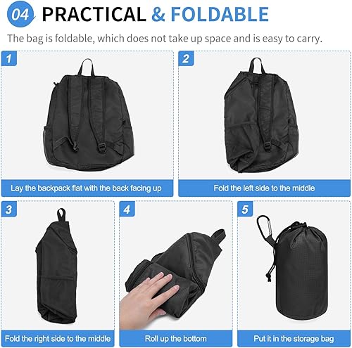 Miniatura 5 de Mochila de senderismo, 20 L, plegable, para hombres y mujeres, nailon con correas ajustables, ligera, impermeable, para acampar al aire libre,