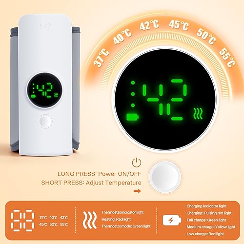 Miniatura 4 de Calentador de botellas portátil, calentamiento rápido de 6 temperaturas en 20 minutos, 6000 mAh recargable por USB para viajes, pantalla de visión