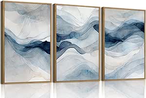 3 Piece Large Abstract Framed Wall Art Set - Navy Blue Canvas Prints for Living Room, Bedroom, Office - 24x36 inches