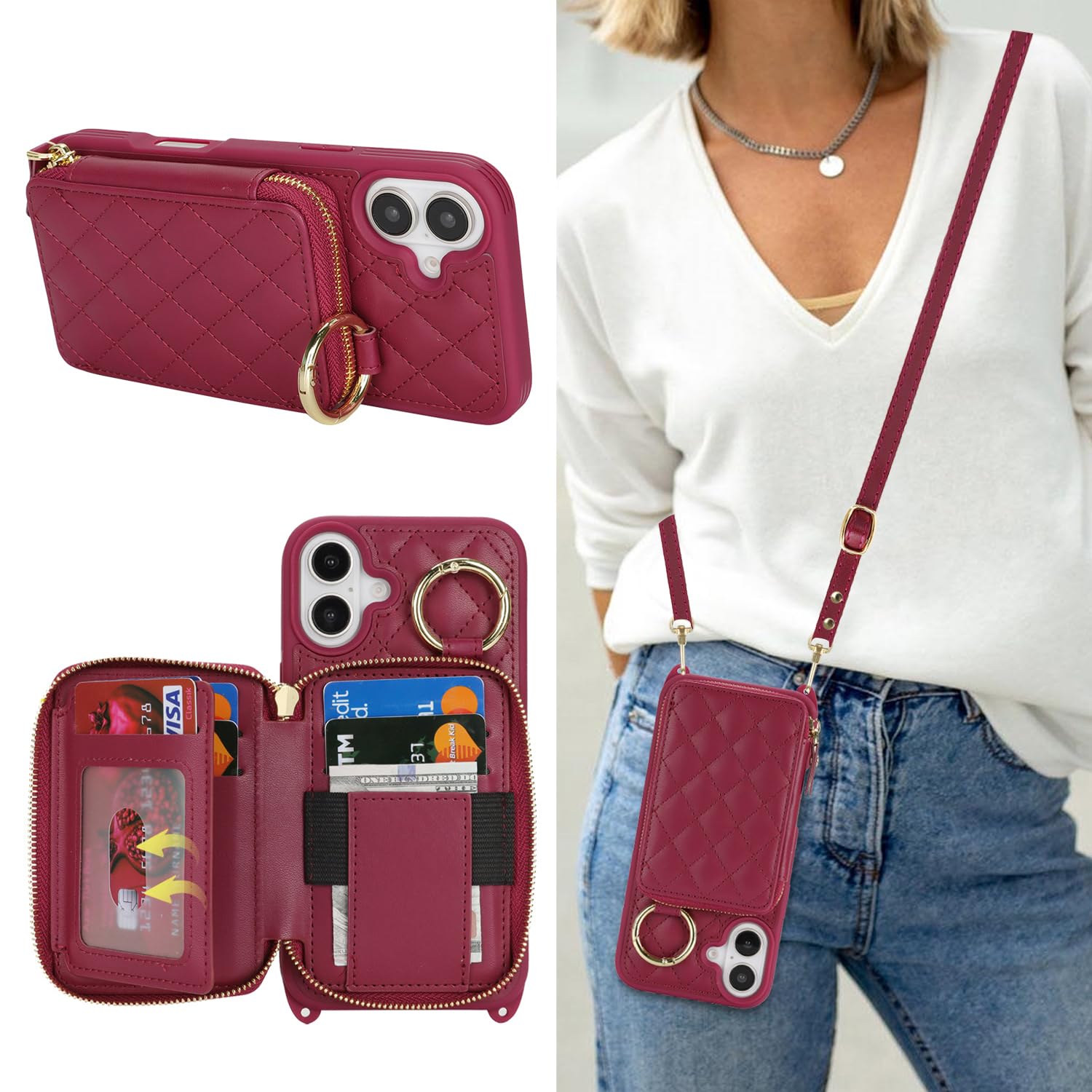 Crossbody Wallet Case for iPhone 16 Plus-Dark red