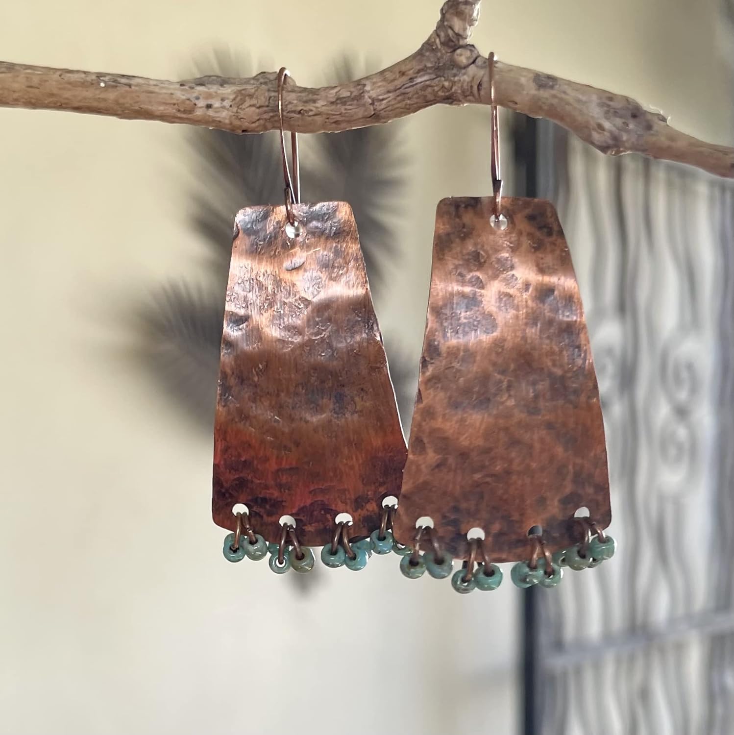Handmade Hammered Copper and Turquoise Beaded Statement Earrings in Rustic Boho Style for Women