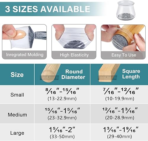 Miniatura 36 de Protectores de silicona y fieltro para patas de silla, protectores para pisos duros como madera (para patas de 0.9 a 1.29 pulgadas de diámetro), 24