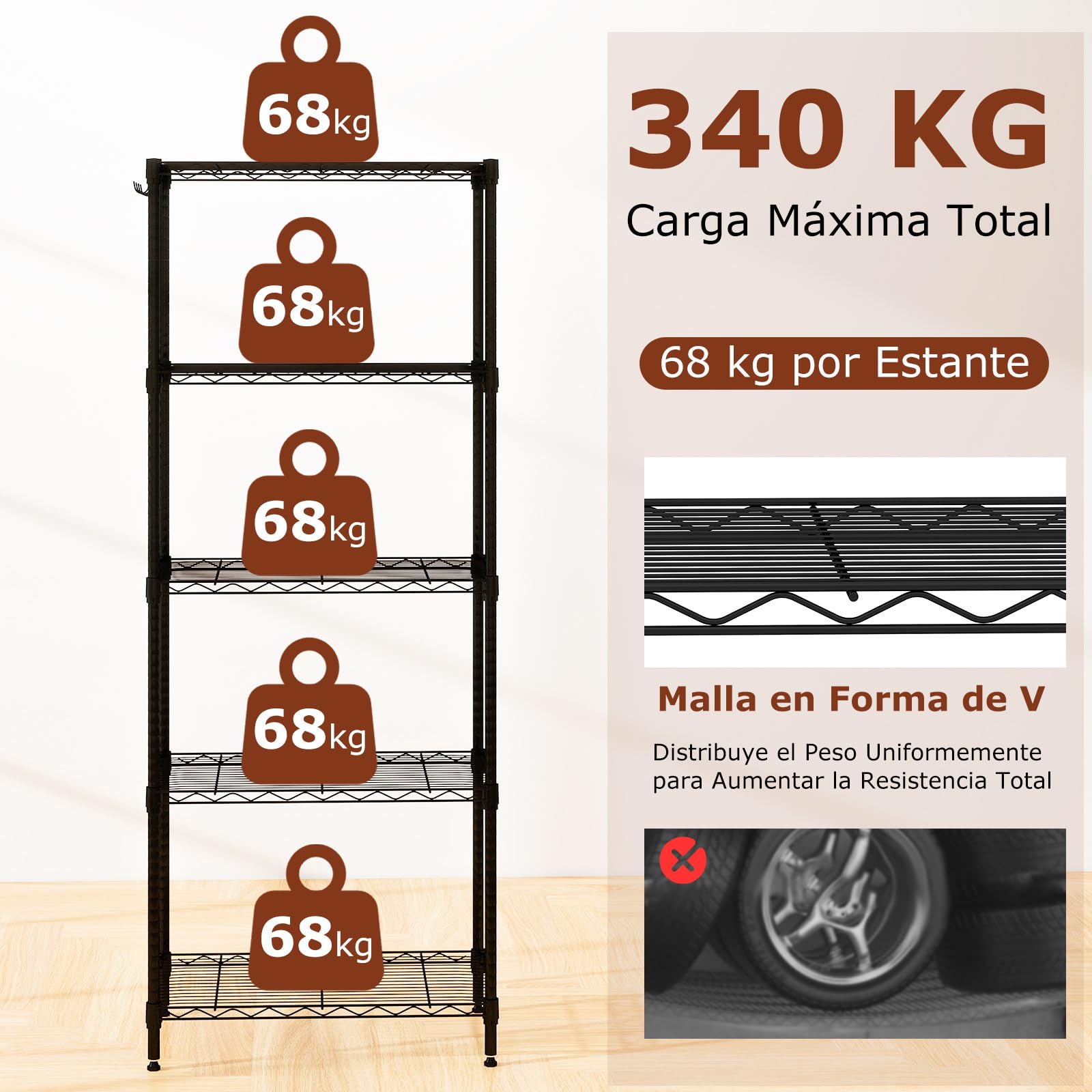 COSTWAY Estantería Metálica de 5 Niveles, Estanterias Almacenaje con Estante Ajustable, Rejilla de Alambre, Carga 340kg, Garaje, Cocina, Dormitorio, 59 x 34 x 152 cm (59 x 34 x 152 cm)