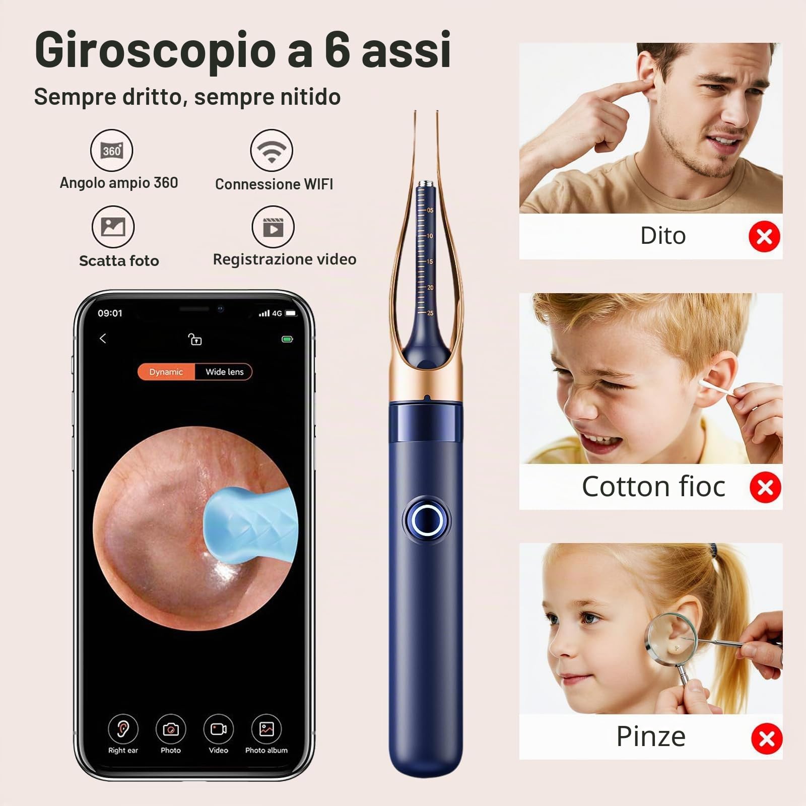 Pulitore Orecchie con Telecamera 1296P HD – Otoscopio WiFi con 6 LED, Vista 360°, per Esame Orecchio Naso Gola, Kit Strumenti Completo (IP67 impermeabile)