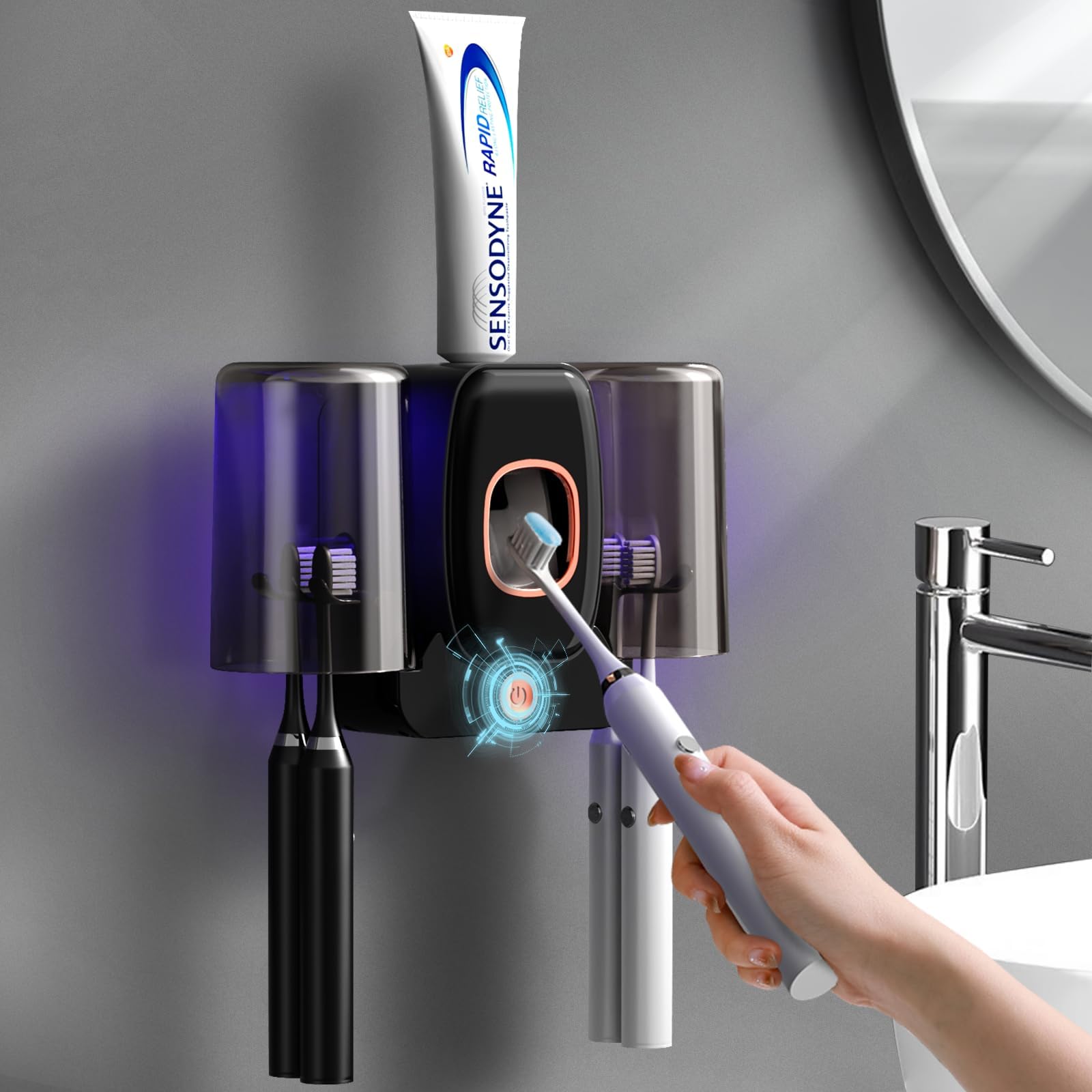 Wekity Toothbrush Holders for Bathrooms, Automatic Toothpaste Dispenser Space Saving Toothbrush and Toothpaste Holder，Toothbrush Holder Wall Mounted with 2 Cups for Bathroom (Black)…