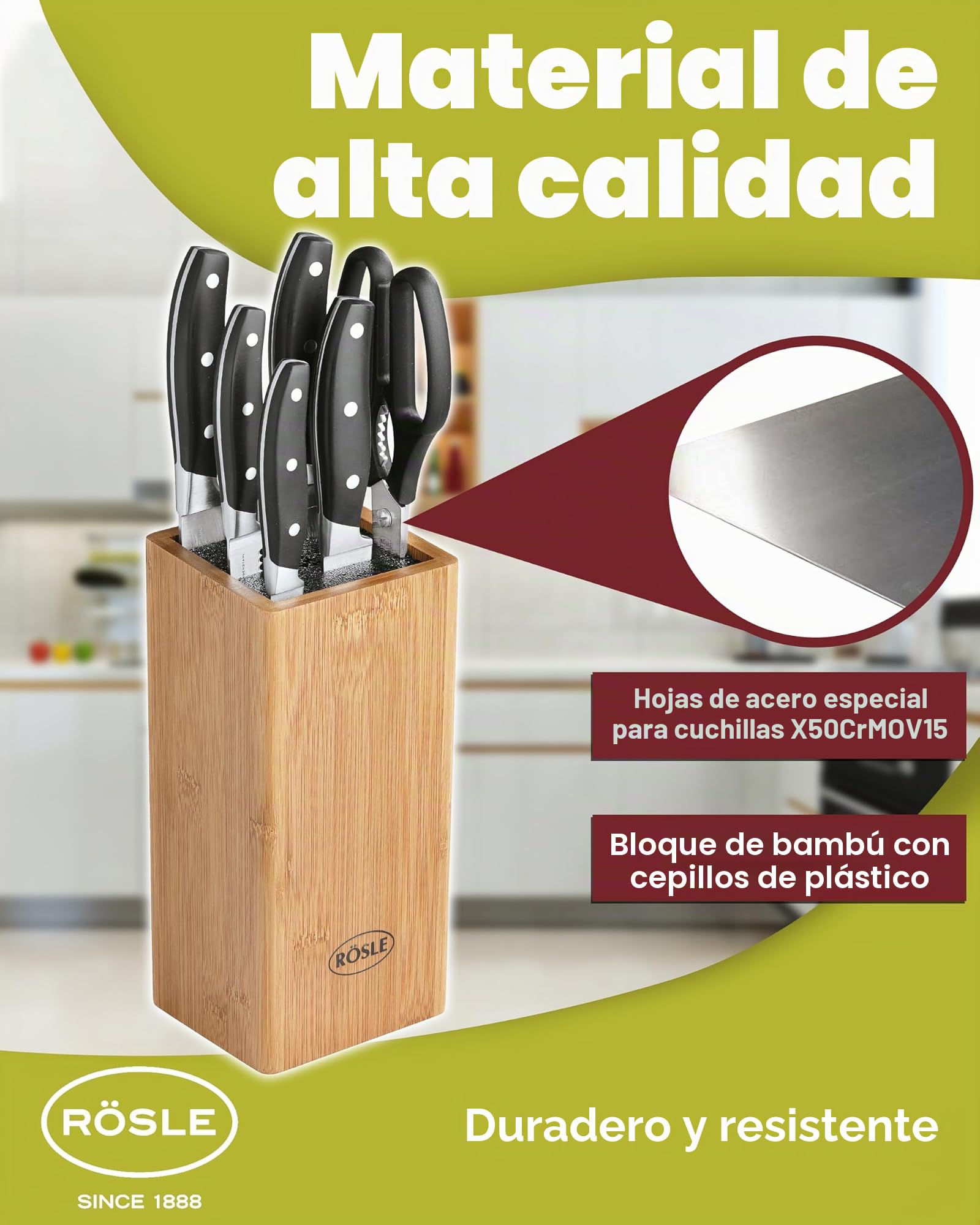 RÖSLE RÖSLECuisine Bloque de Cuchillos con Cepillo, 7 Piezas, de Calidad con Madera de Bambú con 5 Cuchillos Afilados y Tijeras de Cocina, Hojas de Acero Especial, Protector de Dedos