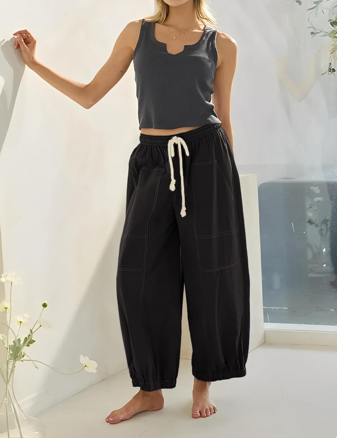 Himosyber Womens Baggy Wide Leg Pants Casual Loose Elastic Drawstring Waist Harem Pants with Pockets - Image 7