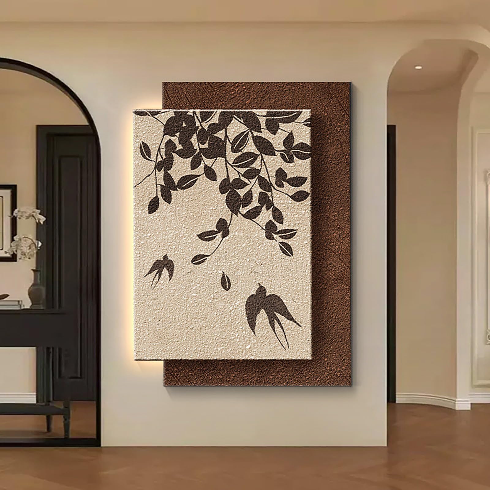 ZCQMSCWW 3D LED Vertical Wall Art, Leaf and Swallow Pattern Borderless Sandstone Texture Plug-in Power for Living Room Bedroom Entryway(C,50 * 70cm/19.6 * 27.5in)