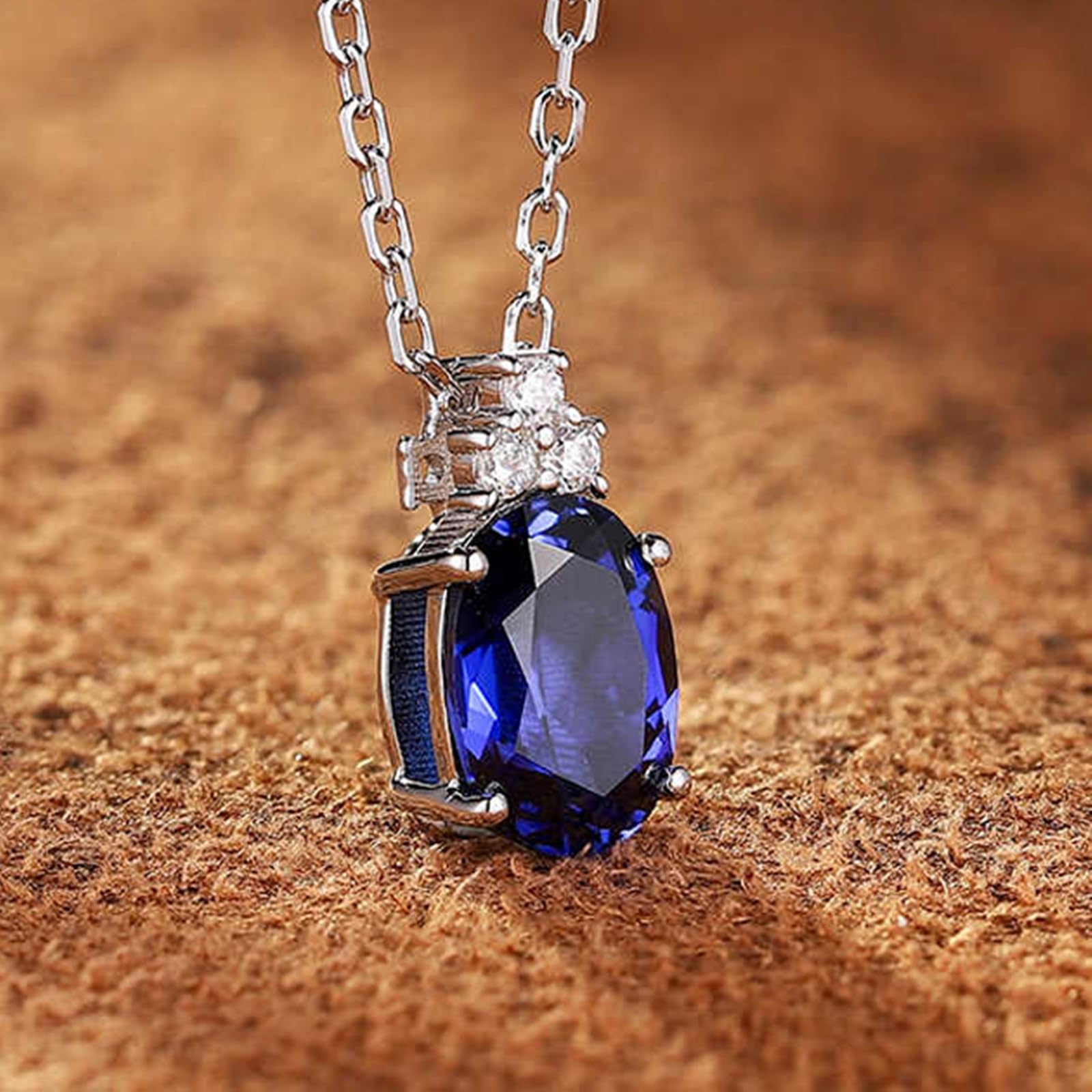 Damski łańcuszek 9 K/14K/18K białe złoto, elegancki owalny wieniec promieniujący wisiorek naszyjnik z laboratoryjnym szafirem 1,85 ct i moissanitem, złoty łańcuszek, prawdziwa biżuteria