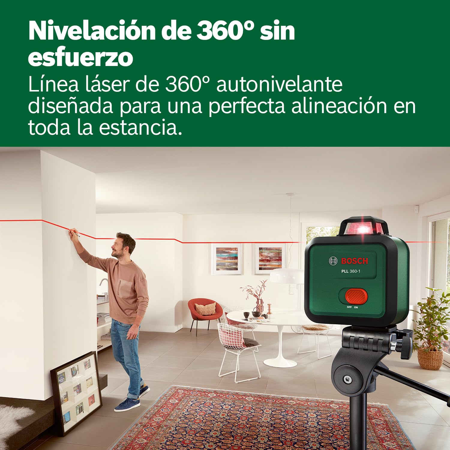 Nivel láser PLL 360-1 de Bosch (nivel láser de 360° autonivelante, precisión de ±0,4 mm/m, rango de trabajo de 12 m, función de pendiente, en caja de cartón para comercio electrónico)